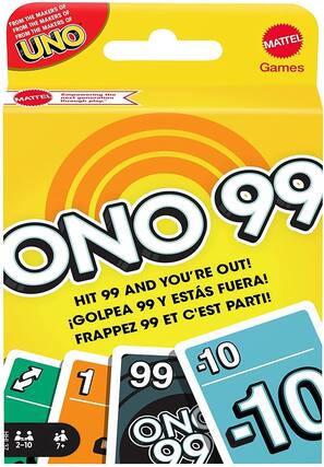FROM THE MAKERS OF UNO
FROM THE MAKERS OF UNO
MATTEL Games
Empowering the next generation through play.
ONO 99
HIT 99 AND YOU'RE OUT!
¡GOLPEA 99 Y ESTÁS FUERA!
FRAPPEZ 99 ET C'EST PARTI!
-10
1
99
2-10
7+
