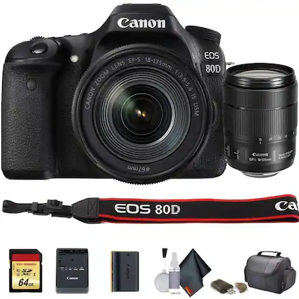Canon EOS EF-S 18-135mm Lens 80D Zoom 1:3.5-5.6 Canon IS USM 18-135mm EFS 18-135mm Canon EOS 80D 64GB SD Card Canon EOS 80D Strap Canon Lens Cap Canon Cleaning Kit Canon Battery