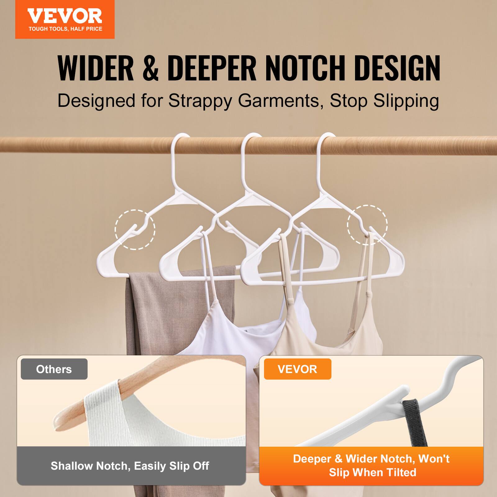 VEVOR  
TOUGH TOOLS, HALF PRICE  

WIDER & DEEPER NOTCH DESIGN  
Designed for Strappy Garments, Stop Slipping  

Others  
Shallow Notch, Easily Slip Off  

VEVOR  
Deeper & Wider Notch, Won't Slip When Tilted
