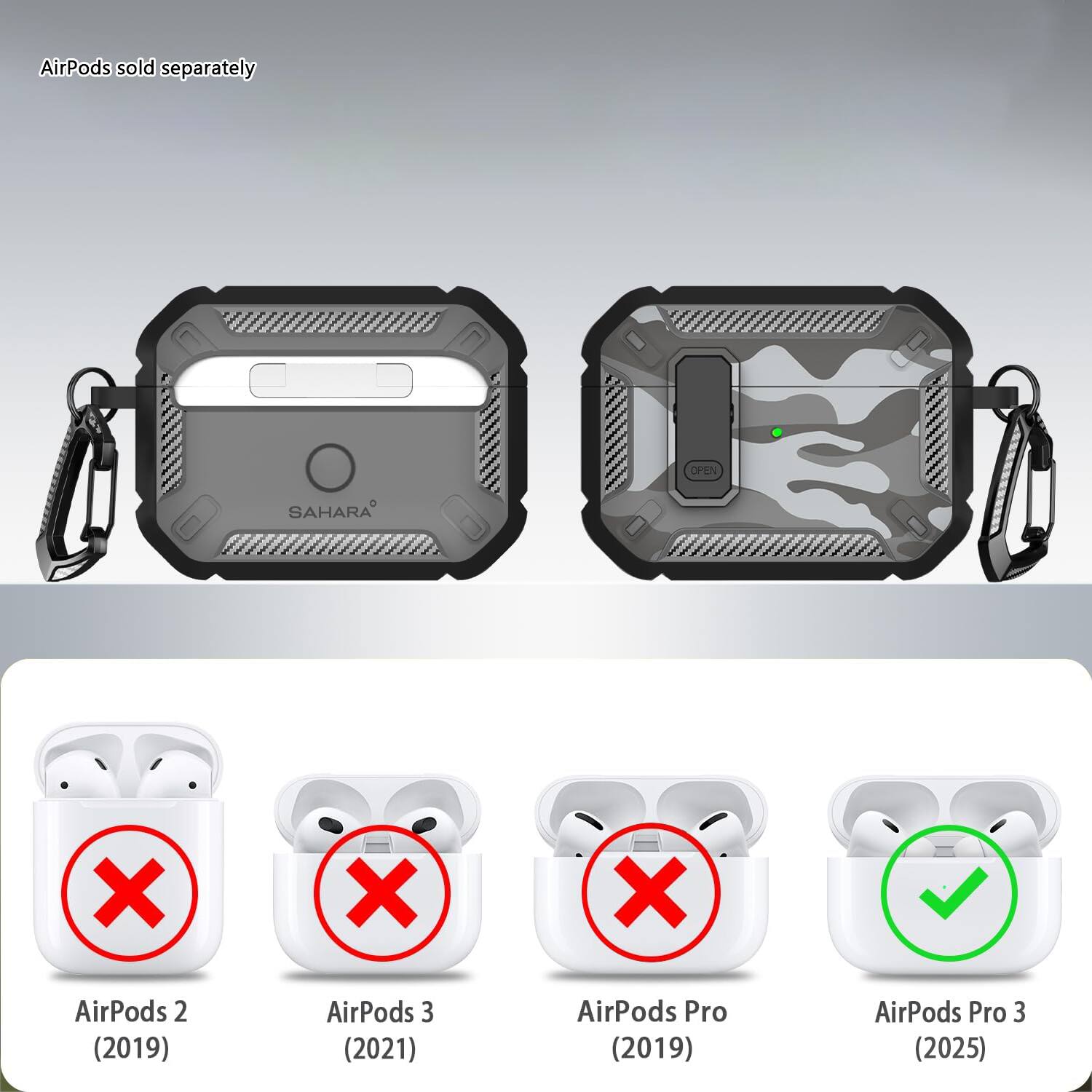 AirPods sold separately

SAHARA

AirPods 2 (2019)  
AirPods 3 (2021)  
AirPods Pro (2019)  
AirPods Pro 3 (2025)