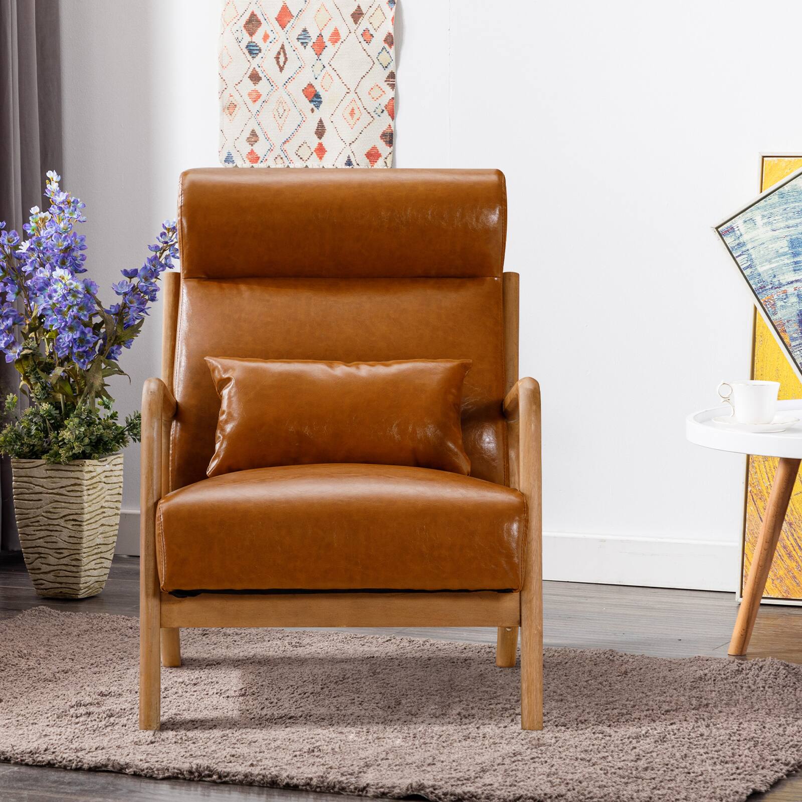Angle. Bestier - Mid-Century Upholstered Accent Chair with Wooden Frame and High Back, Pillow, and Waist Cushion - Brown.