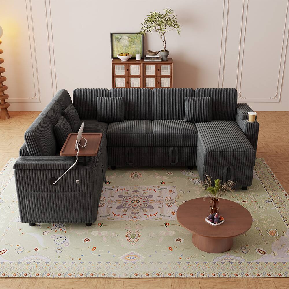 "Anysun - 100"" Pull-Out Sofa Bed with USB Ports, Storage Areas, Table Board & Cup Holder, Extra-Large U-Shaped Combination - Dark Gray" price history on PriceWatchPro