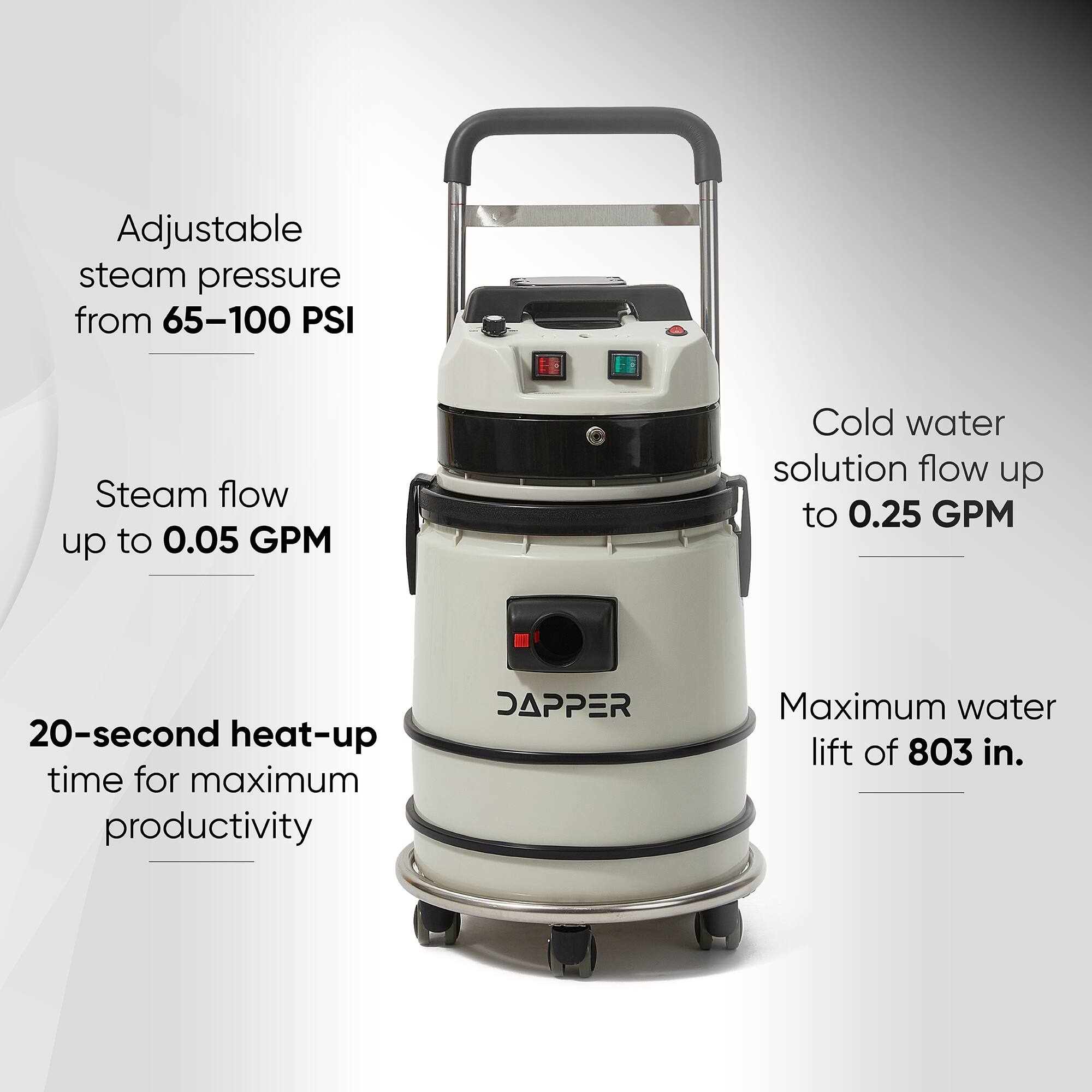 Adjustable steam pressure from 65-100 PSI  
Steam flow up to 0.05 GPM  
Cold water solution flow up to 0.25 GPM  
20-second heat-up time for maximum productivity  
Maximum water lift of 803 in.