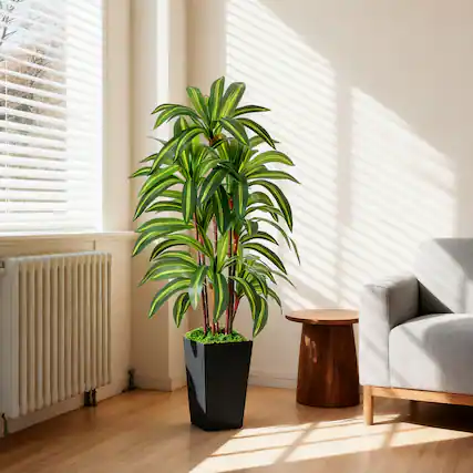 Front. NOVAROOT - 5Ft Artificial Dracaena Tree Indoor Faux Plants Indoor with Black Tall Planter Home Office Decor - Green.