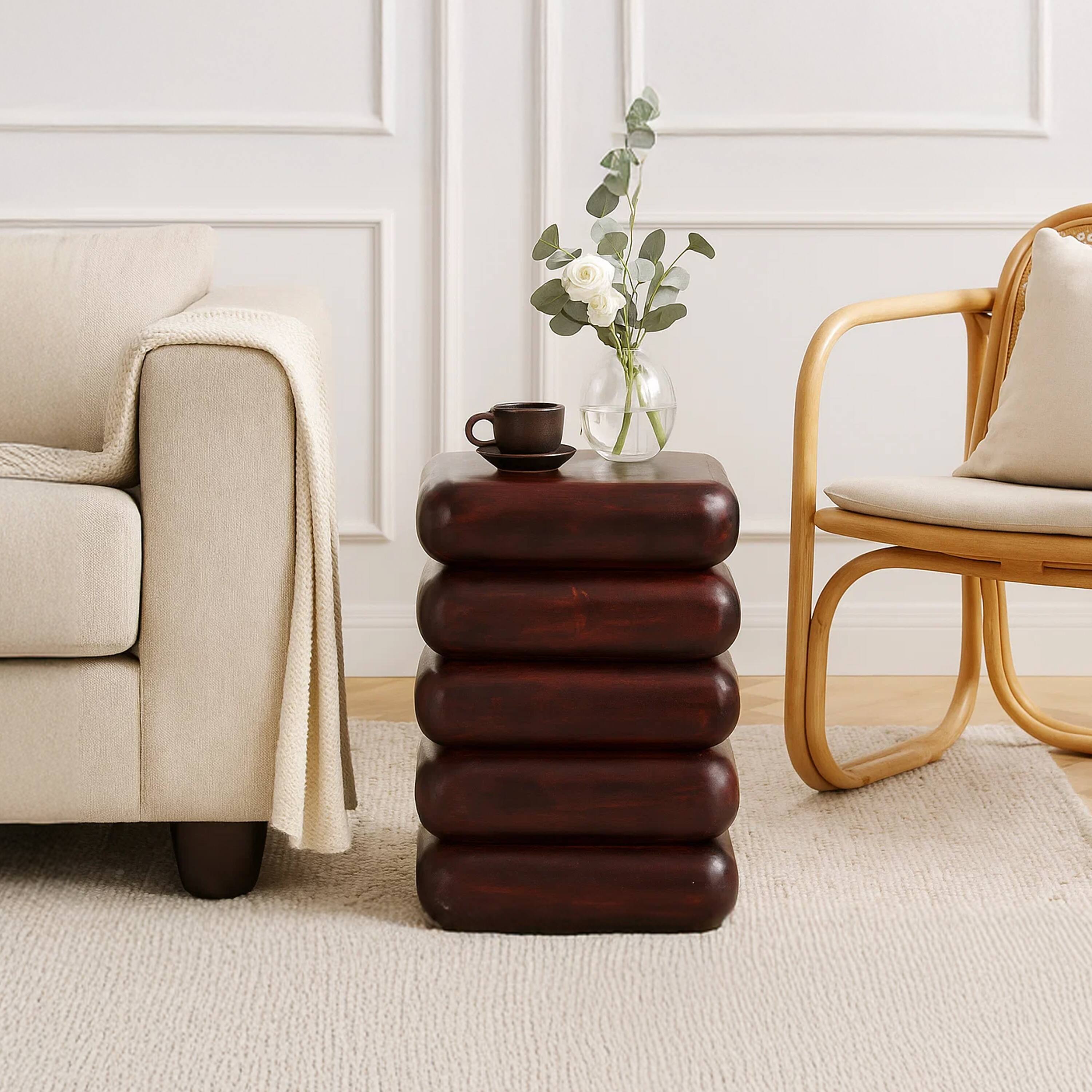 Alt View 7. Manhattan Lane - Zyra 18" Side End Table | Sculptural Stacked Design | Acacia Wood - Dark Cherry Brown.