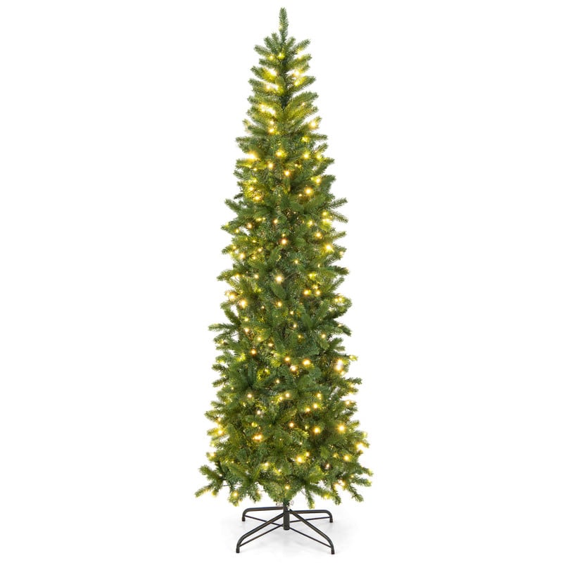 WELLFOR - 7.5 ft Pre‑Lit Pencil Artificial Christmas Tree with 796 PE & PVC Mixed Tips, 350 Dual‑Color LED Lights - Green