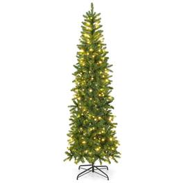 WELLFOR - 7.5 ft Pre‑Lit Pencil Artificial Christmas Tree with 796 PE & PVC Mixed Tips, 350 Dual‑Color LED Lights - Green