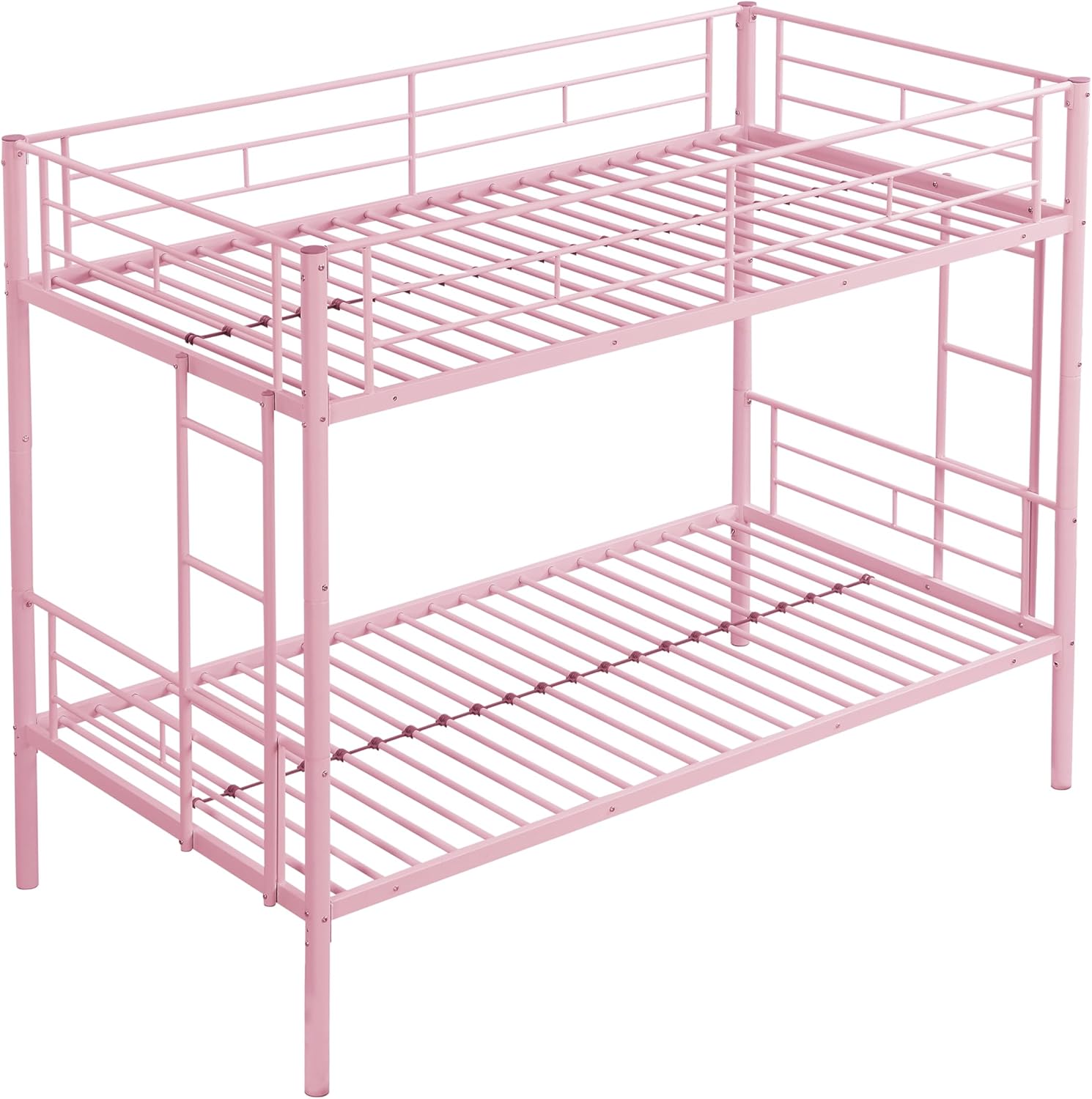 Alt View 5. Trinkets Crazed - Twin Over Twin Size Metal Detachable Bunk Bed Frame with 2 Side Ladder and Guardrail - pink.