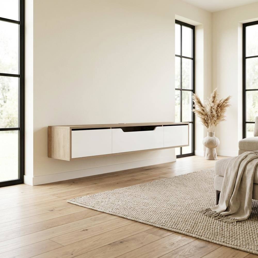 Alt View 2. FurniFact - Beige Wall-Mounted TV Stand, Up to 80 Inch Screens, Engineered Wood Construction - Black.