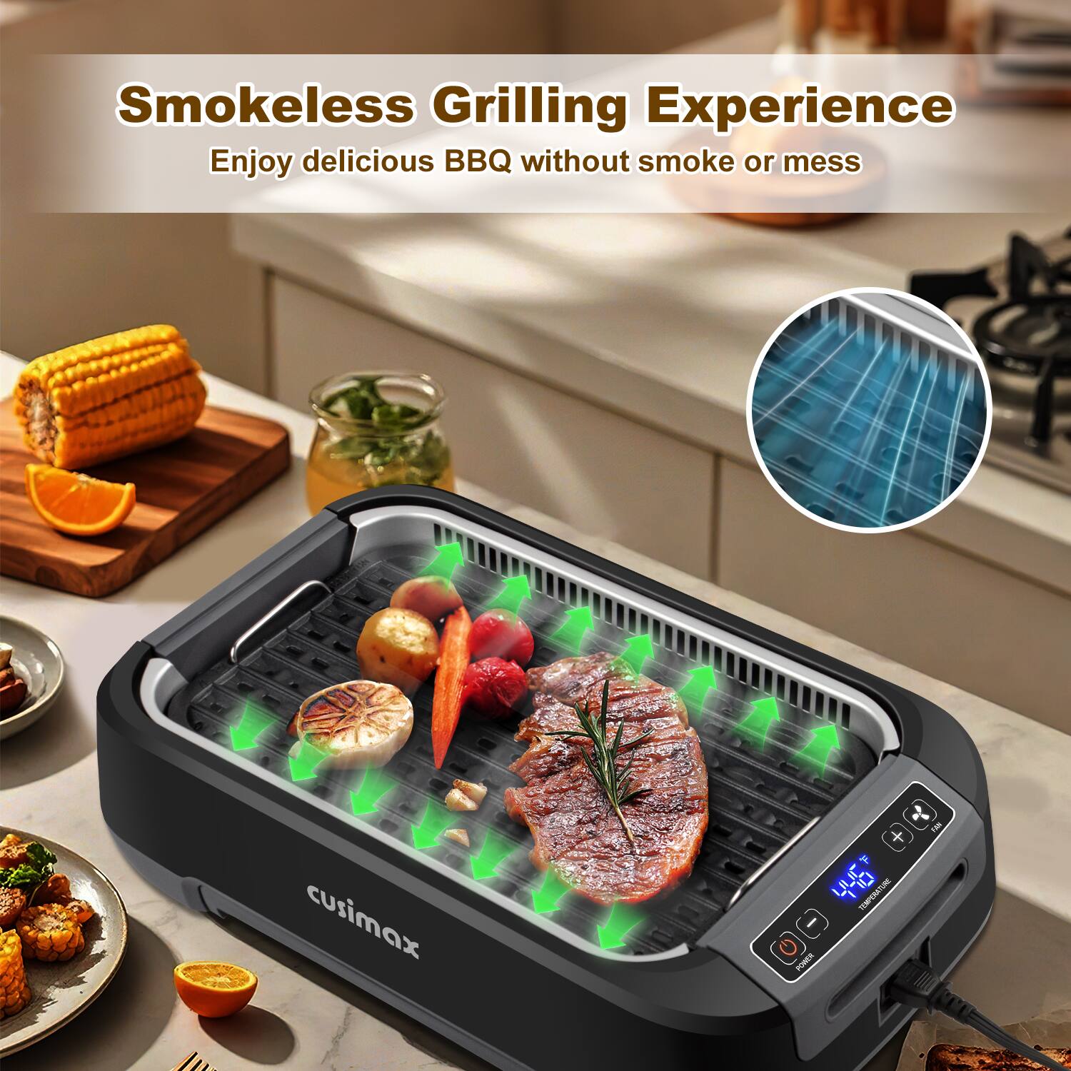 Smokeless Grilling Experience  
Enjoy delicious BBQ without smoke or mess  

cusimax