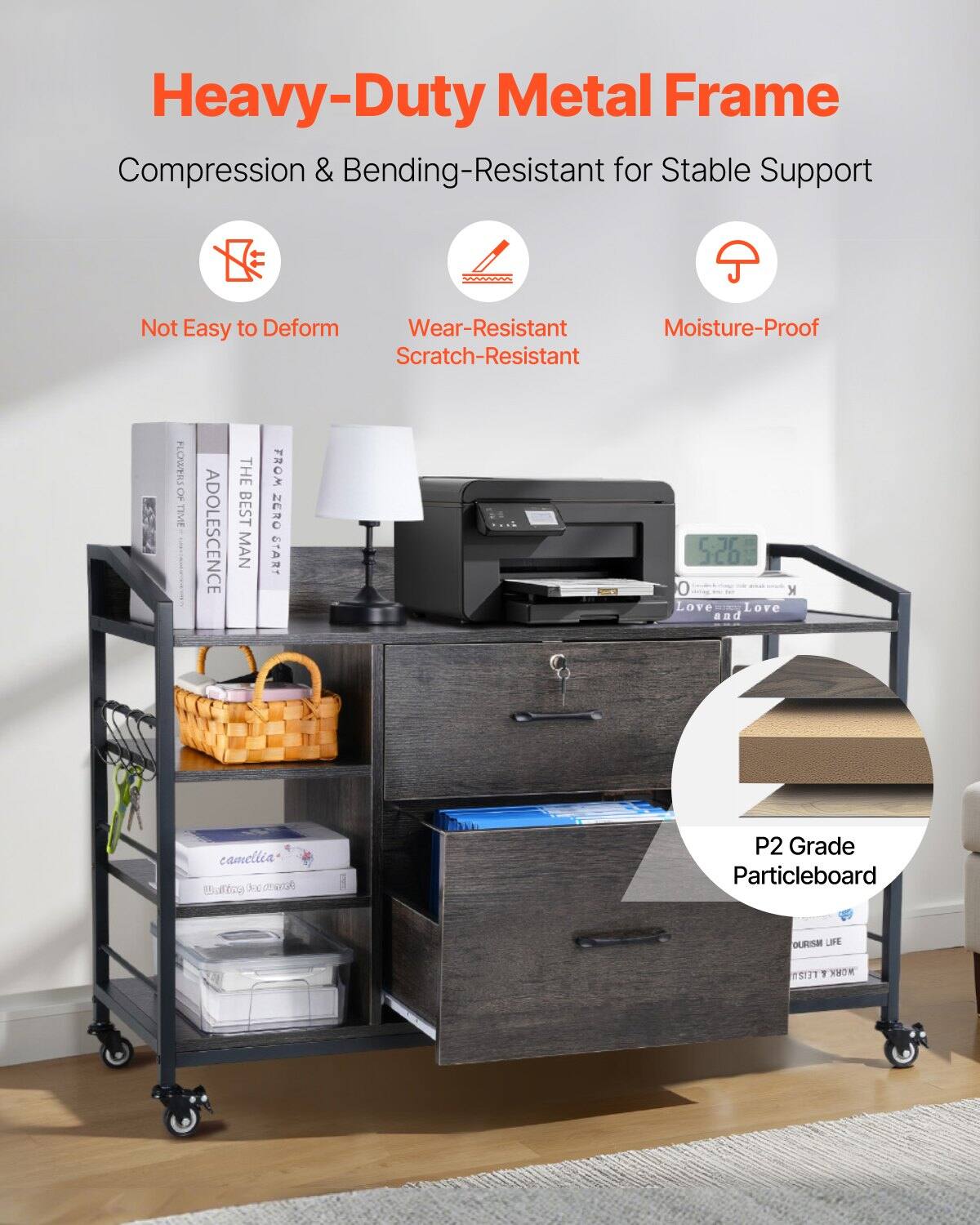Heavy-Duty Metal Frame  
Compression & Bending-Resistant for Stable Support  

- Not Easy to Deform  
- Wear-Resistant Scratch-Resistant  
- Moisture-Proof  

P2 Grade Particleboard