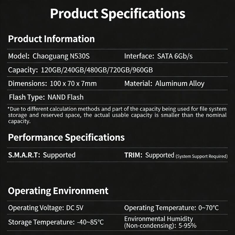 Product Specifications

Product Information
- Model: Chaoguang N530S
- Interface: SATA 6Gb/s
- Capacity: 120GB/240GB/480GB/720GB/960GB
- Dimensions: 100 x 70 x 7mm
- Material: Aluminum Alloy
- Flash Type: NAND Flash

*Due to different calculation methods and part of the capacity being used for file system storage and reserved space, the actual usable capacity is smaller than the nominal capacity.

Performance Specifications
- S.M.A.R.T: Supported
- TRIM: Supported (System Support Required)

Operating Environment
- Operating Voltage: DC 5V
- Operating Temperature: 0~70°C
- Storage Temperature: -40~85°C (Non-condensing)
- Environmental Humidity: 5-95%