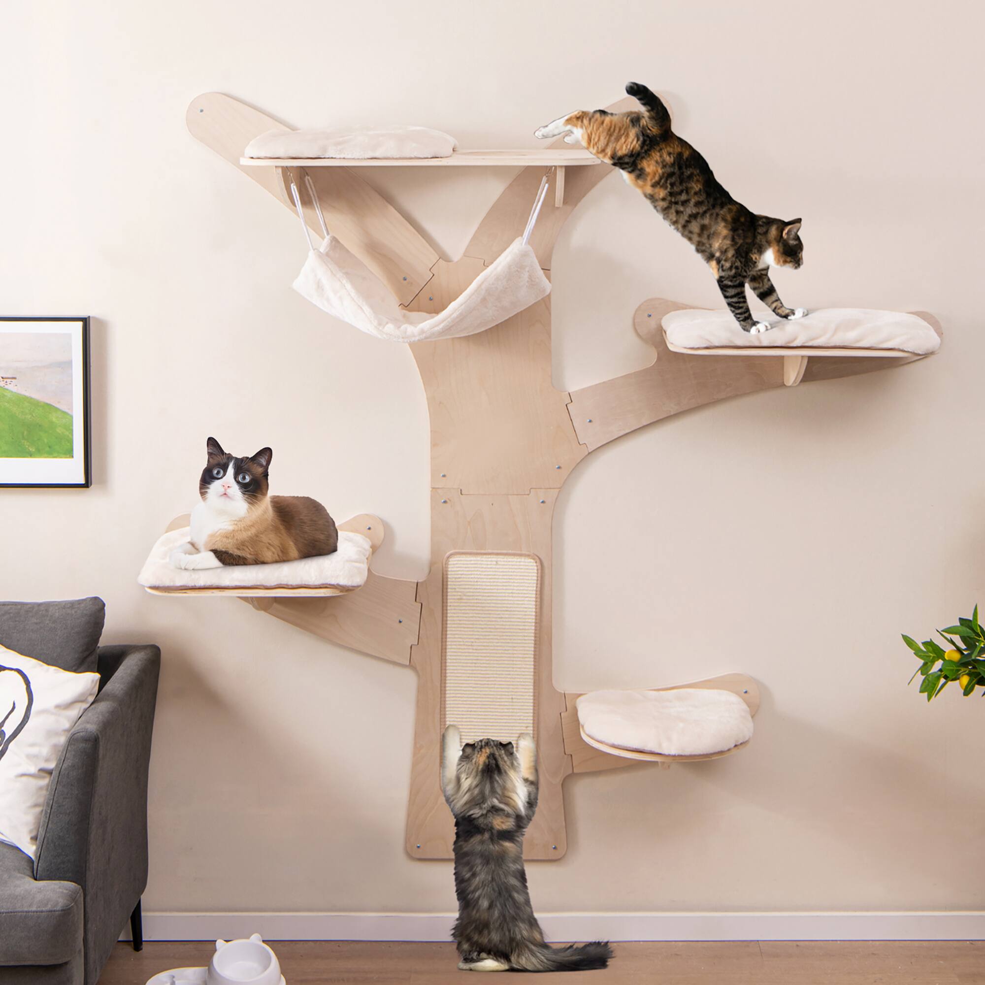 Alt View 1. Gymax - Gymax Wall-Mounted Cat Tower w/ Hammock 4 Platforms Sisal Scratching Mat for Indoor - Natural & White.