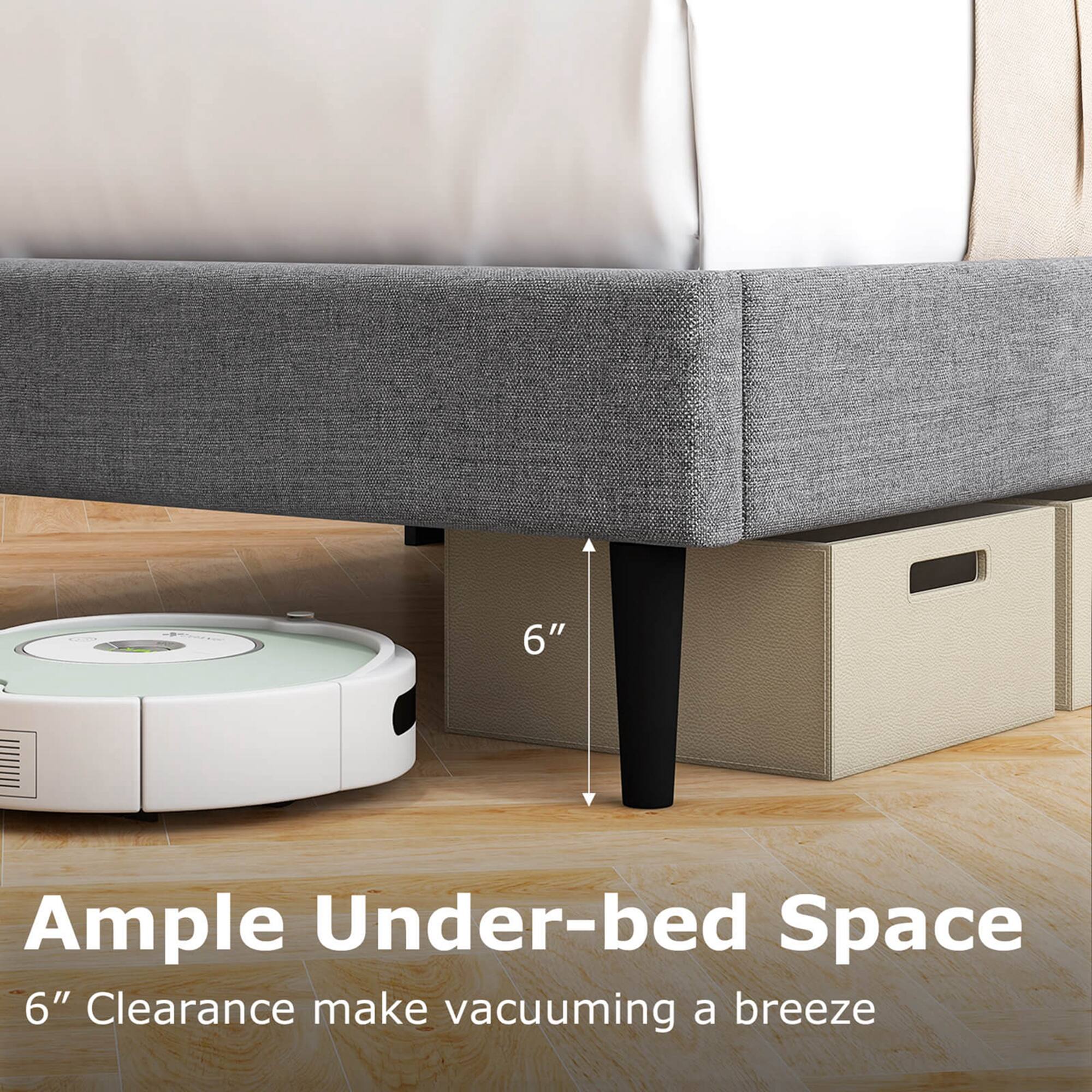 The text on the image is grouped and corrected as follows:

"6" Ample Under-bed Space 6" Clearance make vacuuming a breeze"