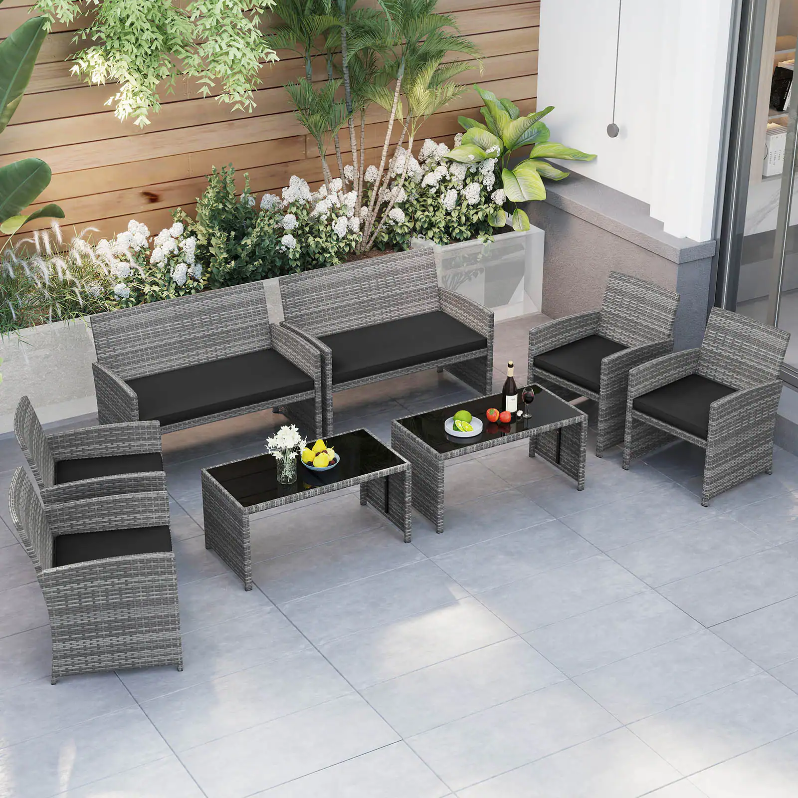 Alt View 1. Gymax - Gymax 8 Piece Patio Furniture Set Outdoor Wicker Conversation Set w/ Tempered Glass Coffee Table Black - Black.
