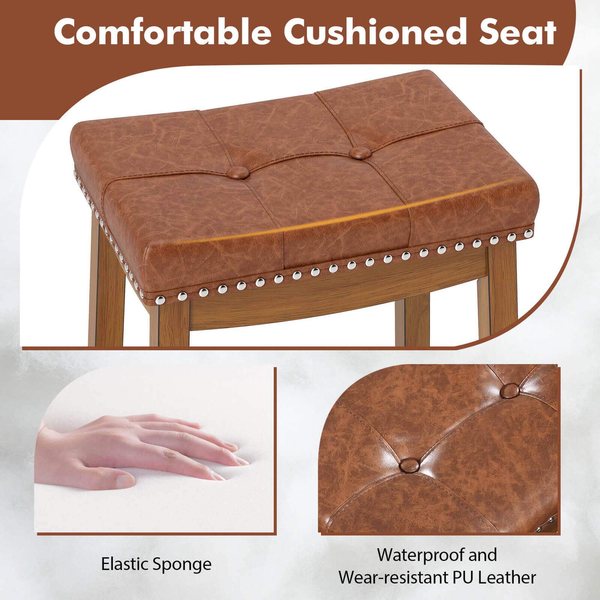 The text on the image reads: "Comfortable Cushioned Seat Elastic Sponge Waterproof and Wear-resistant PU Leather."