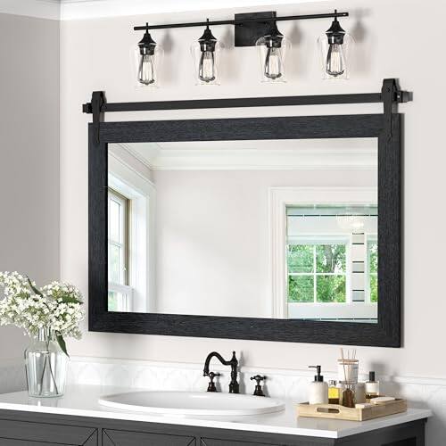 Cedar Assembly - Farmhouse Bathroom Mirror For Over Sink 22"x32" Rustic Western Barn Decor Vanity Wall Living Room Bedroom - Black-42"L x 28"W