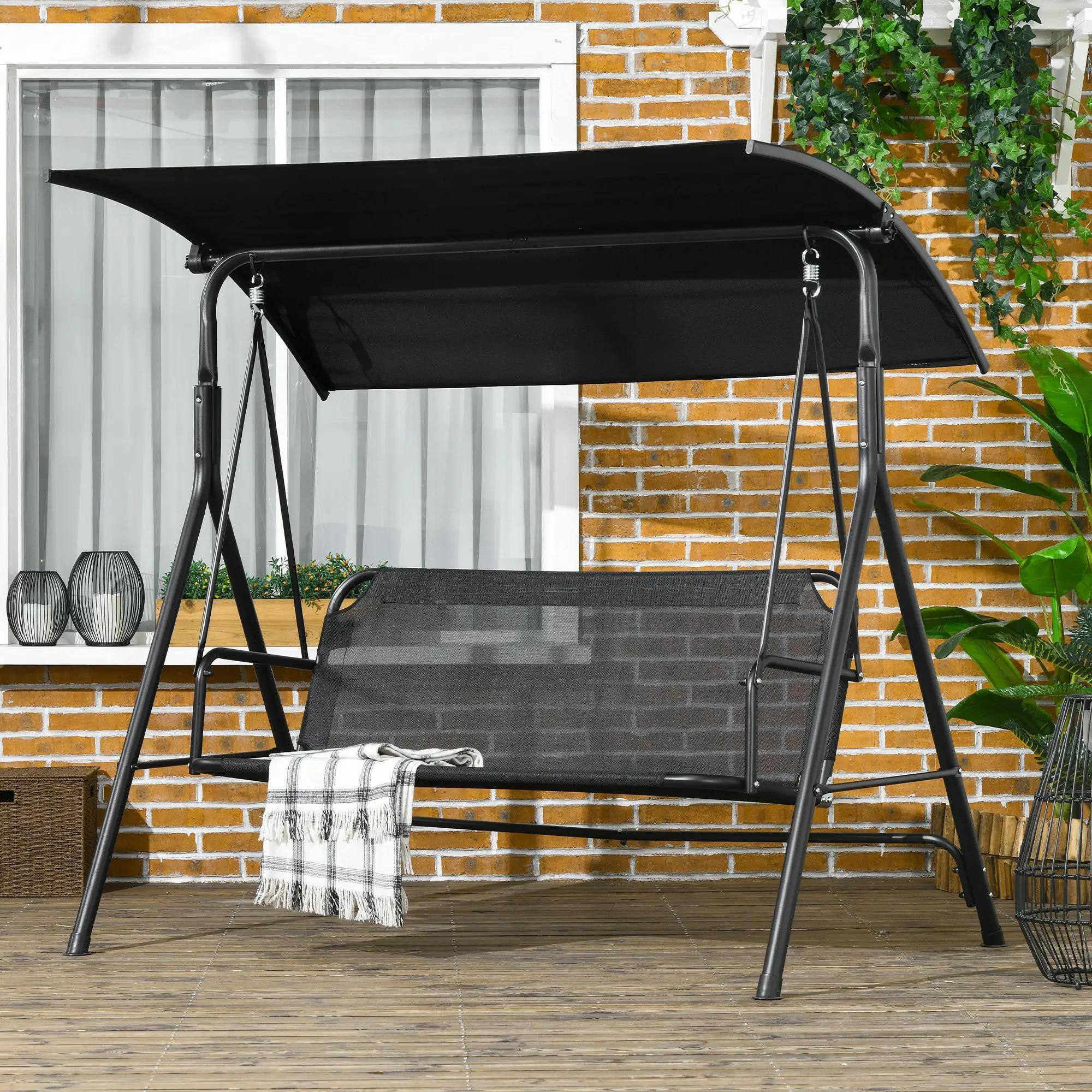 Alt View 1. Resenkos - Resenkos 3-Person Swing Set, Outdoor Patio Swing With Tilt Canopy, Steel Frame Bench Seat, Black.