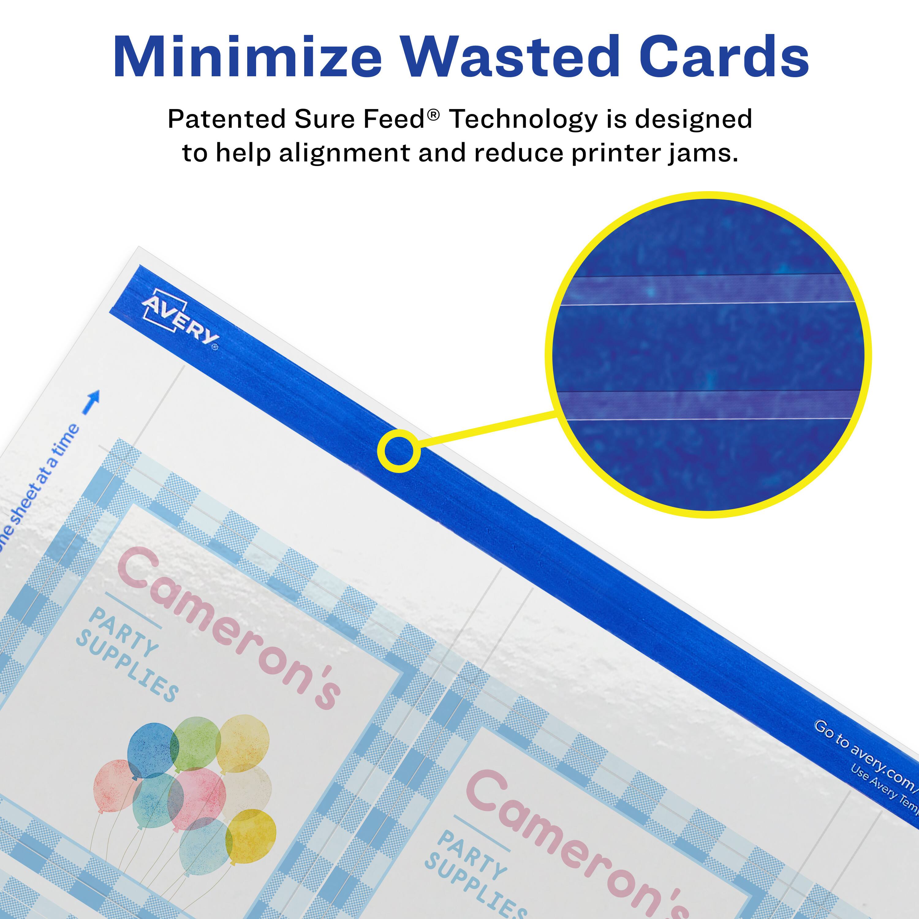 Minimize Wasted Cards

Patented Sure Feed® Technology is designed to help alignment and reduce printer jams.

AVERY

Cameron's PARTY SUPPLIES

Go to avery.com/ Use Avery Templates

One sheet at a time