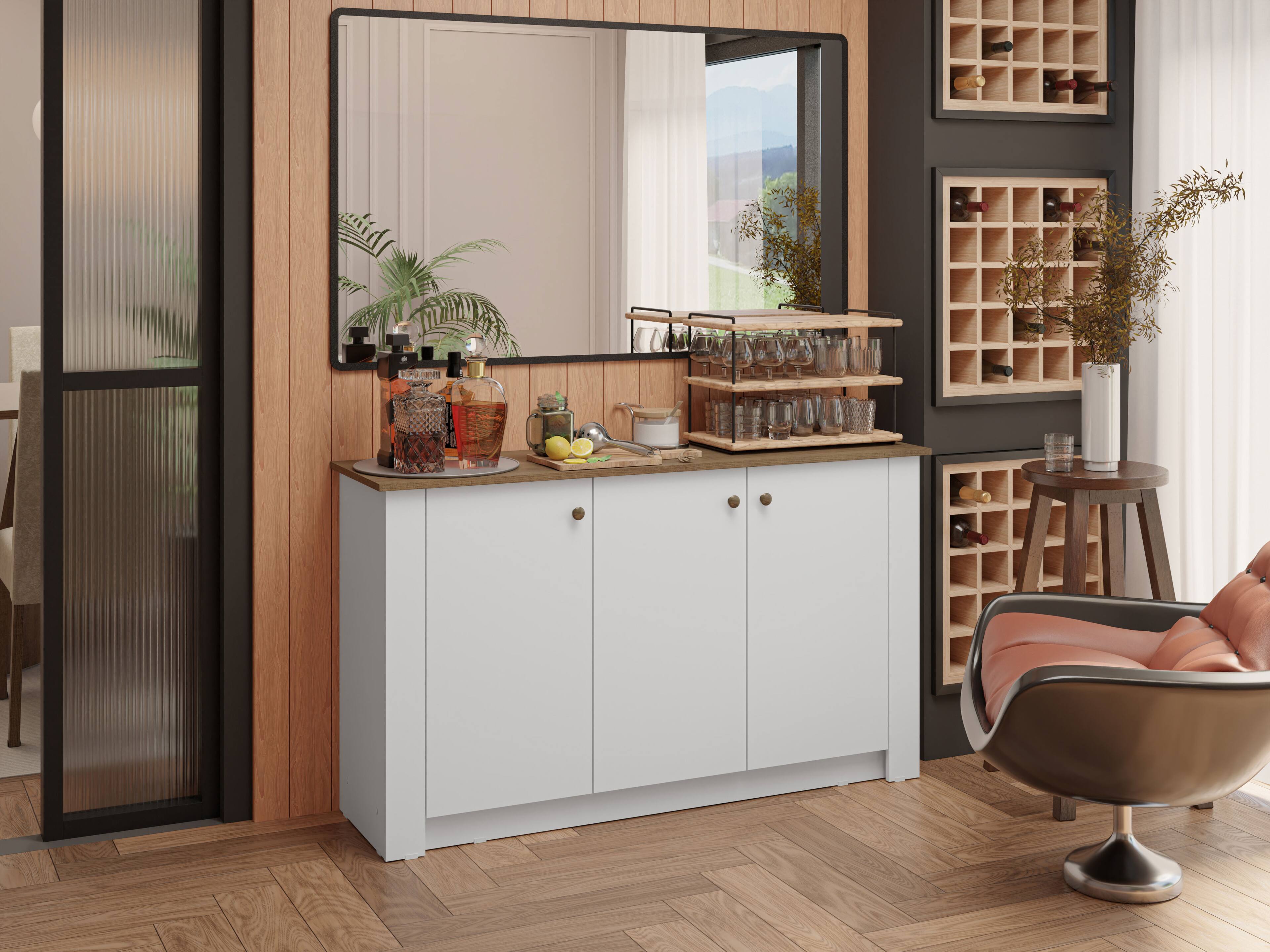 Alt View 5. Madesa - Madesa Home Bar Storage Cabinet with 3 Doors Unit Ideal for Storing Glassware, Drinks, and Utensils – White - White.