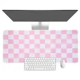 Unique Bargains - Checkered Desk Mat, 35.4x15.7 Inch Mouse Pad, Non-Slip Rubber, Stitched Edges, Soft, for Computer/Laptop - Pink/White