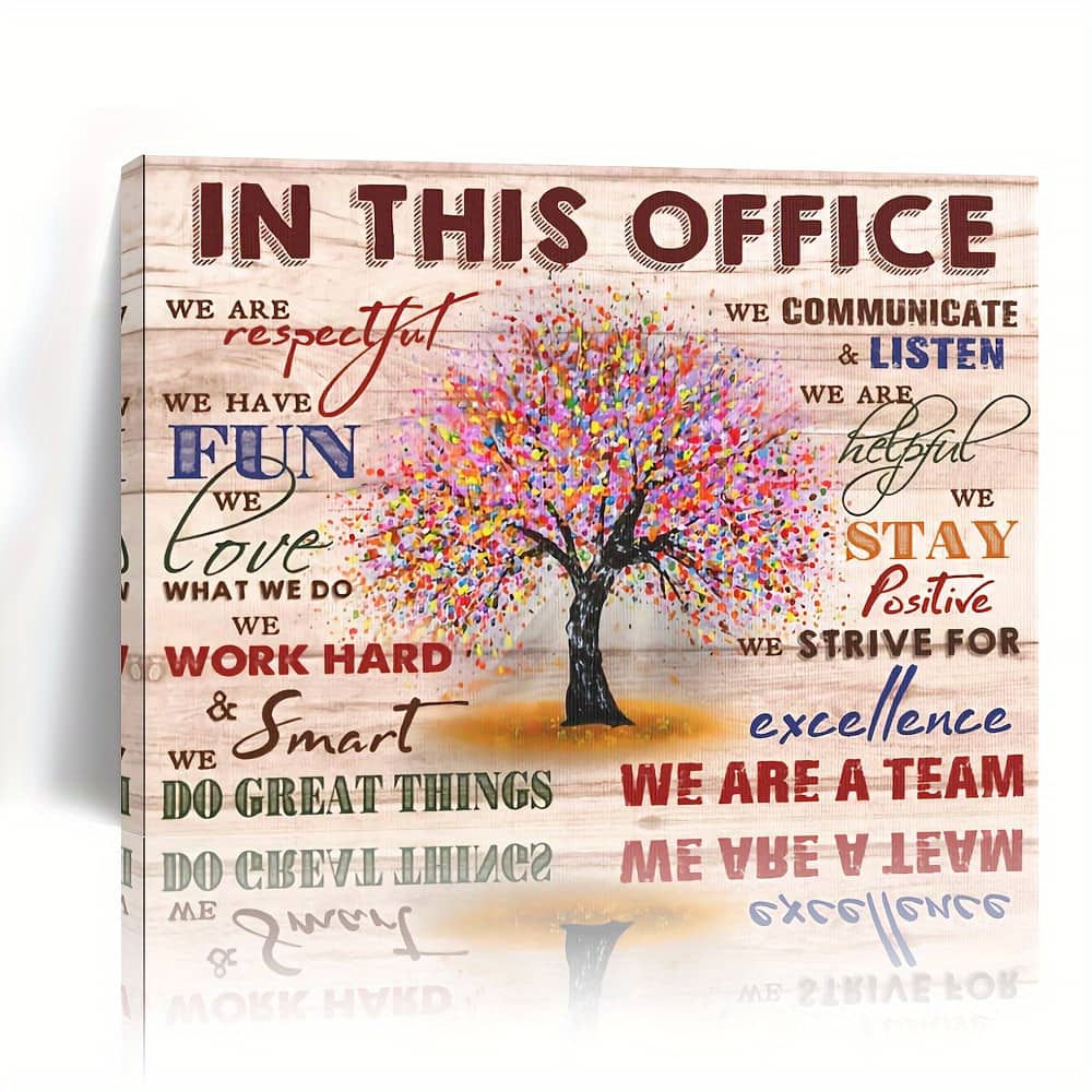 blue - 1 piece canvas painting with wood frame, in this office, we are a team, colorful trees motivational wall art print, hom - Color:32*24inch