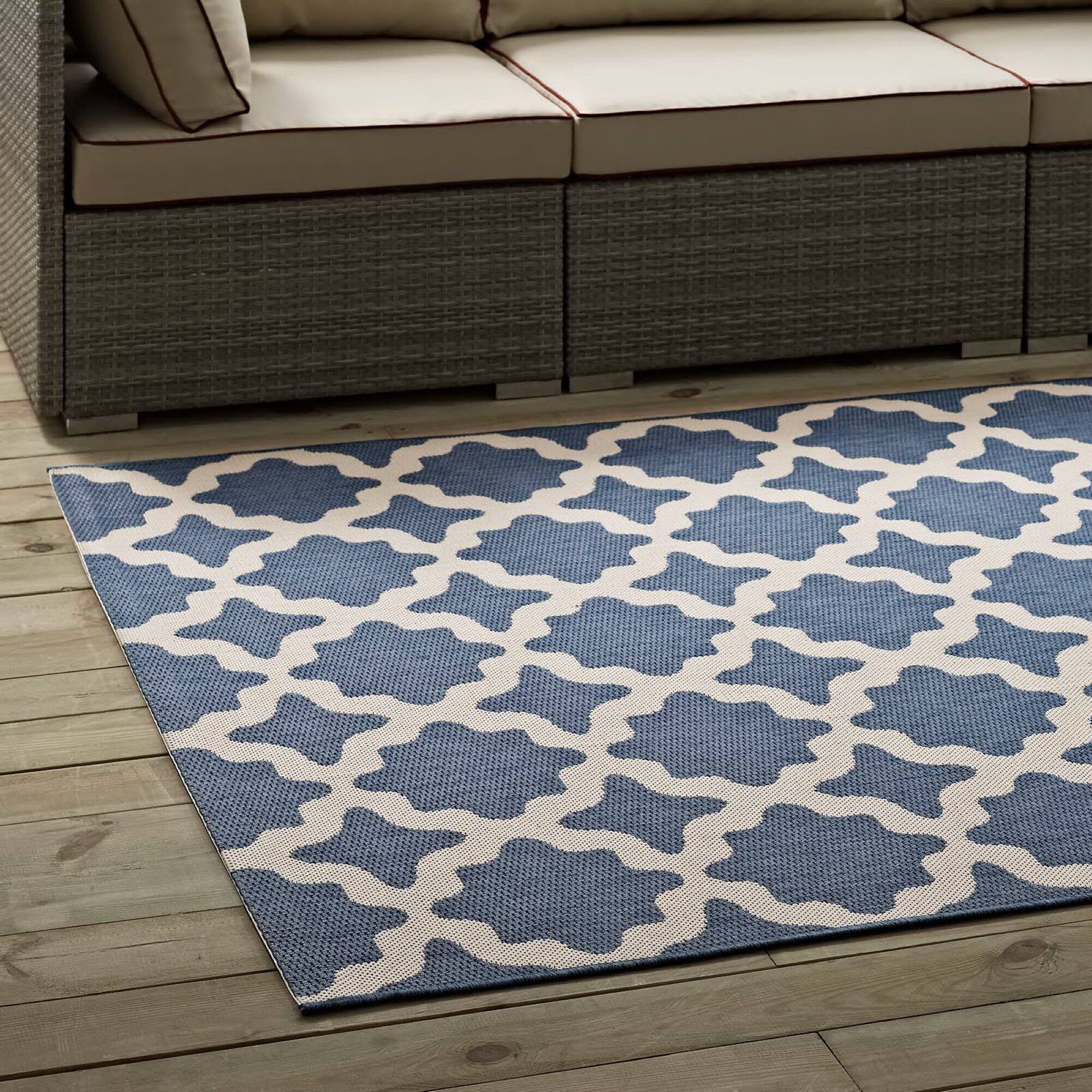 Back. Modway - Cerelia Moroccan Trellis Indoor and Outdoor Area Rug - Blue and Beige.
