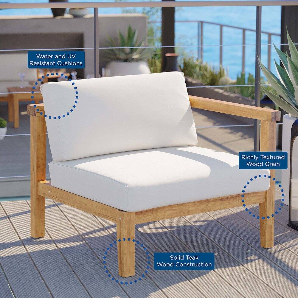 Water and UV Resistant Cushions  
Richly Textured Wood Grain  
Solid Teak Wood Construction