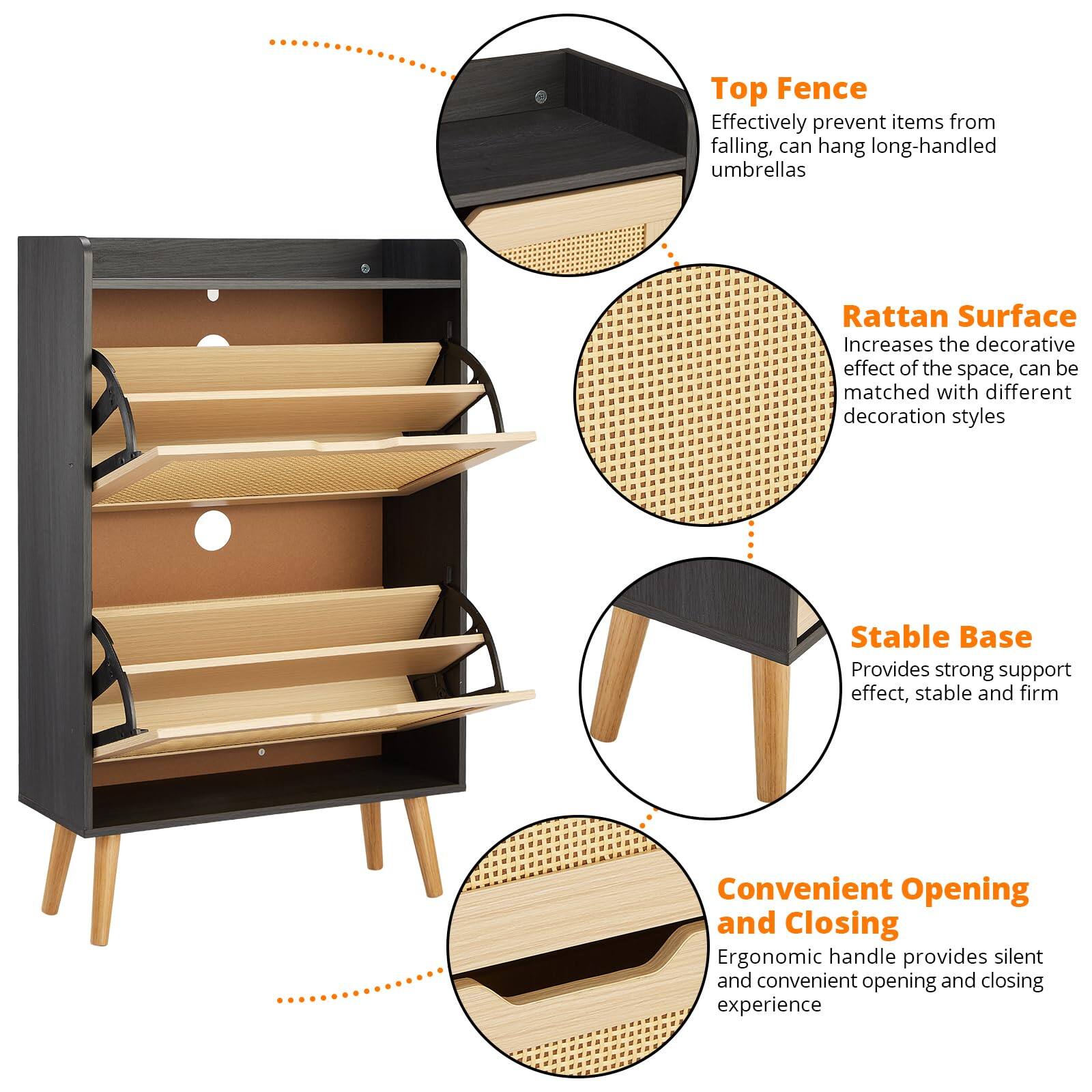 - **Top Fence**: Effectively prevent items from falling, can hang long-handled umbrellas
- **Rattan Surface**: Increases the decorative effect of the space, can be matched with different decoration styles
- **Stable Base**: Provides strong support effect, stable and firm
- **Convenient Opening and Closing**: Ergonomic handle provides silent and convenient opening and closing experience