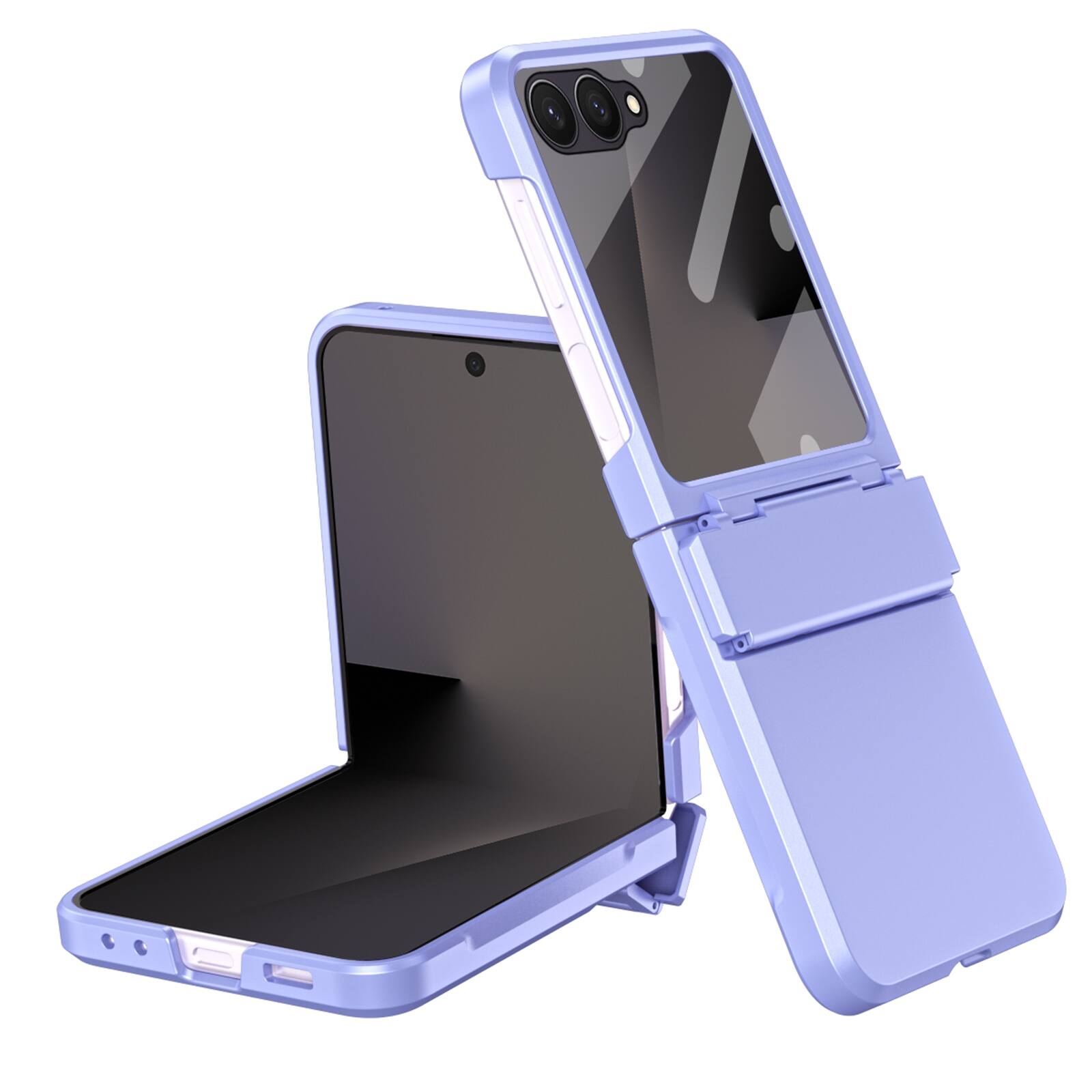 Angle. Dteck - Shockproof Case for Samsung Galaxy Z Flip7 with Hinge Protection, Hard PC Cover Built-in Tempered Glass Screen Protector - Purple.