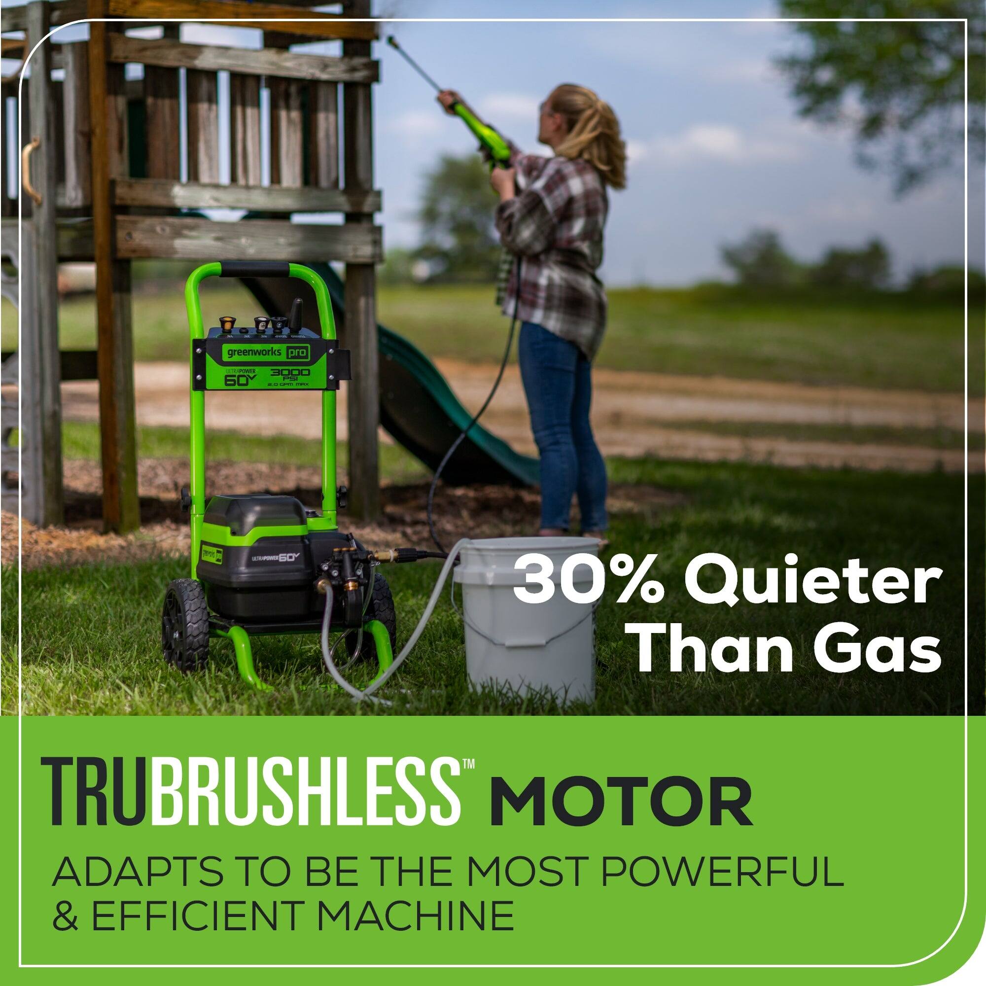 greenworks DrD - | 3000 | 6Y | I | | 1 D- - 30% Quieter Than Gas TRUBRUSHLESS MOTOR ADAPTS TO BE THE MOST POWERFUL & EFFICIENT MACHINE