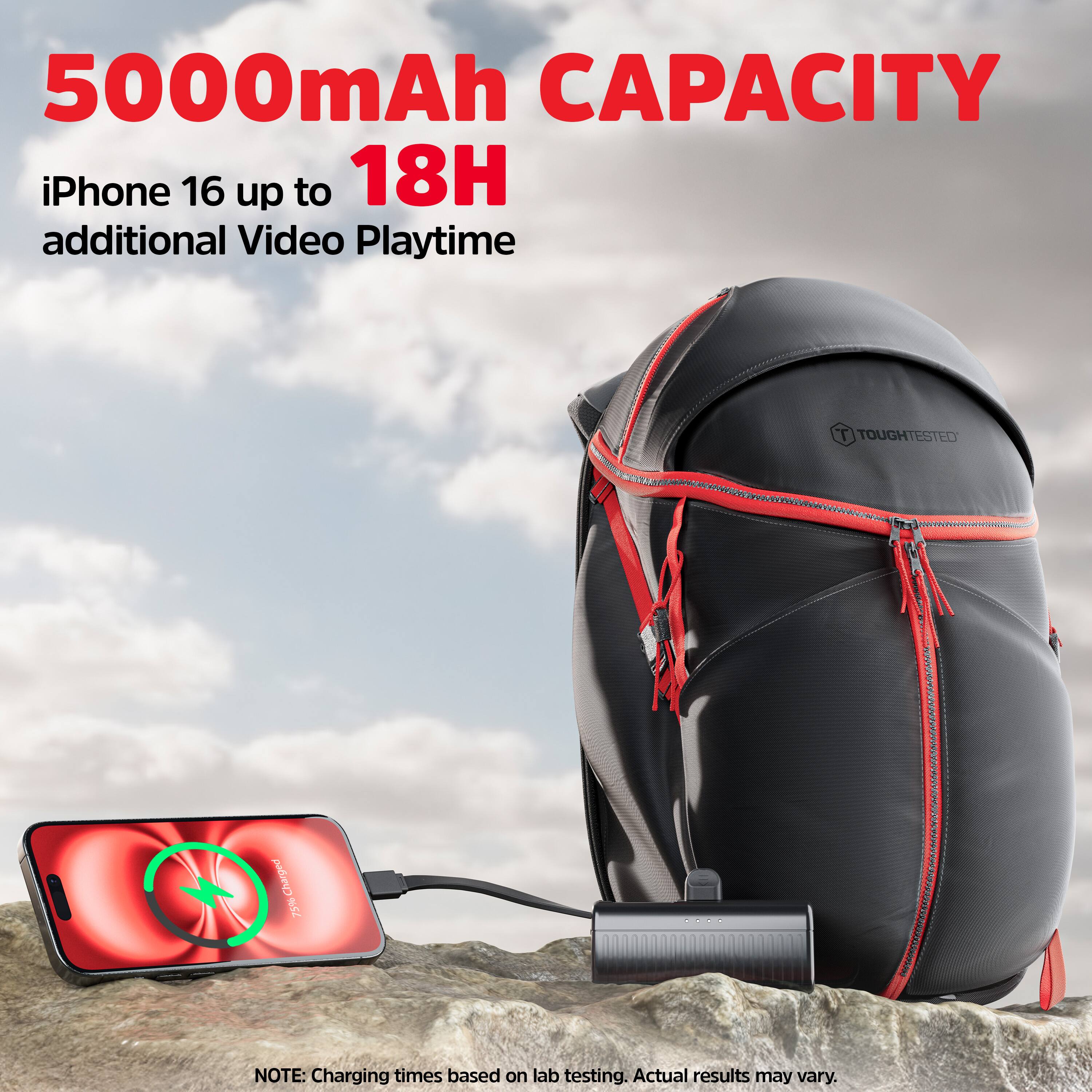 5000mAh CAPACITY  
iPhone 16 up to 18H additional Video Playtime  

TOUGHESTED  

NOTE: Charging times based on lab testing. Actual results may vary.