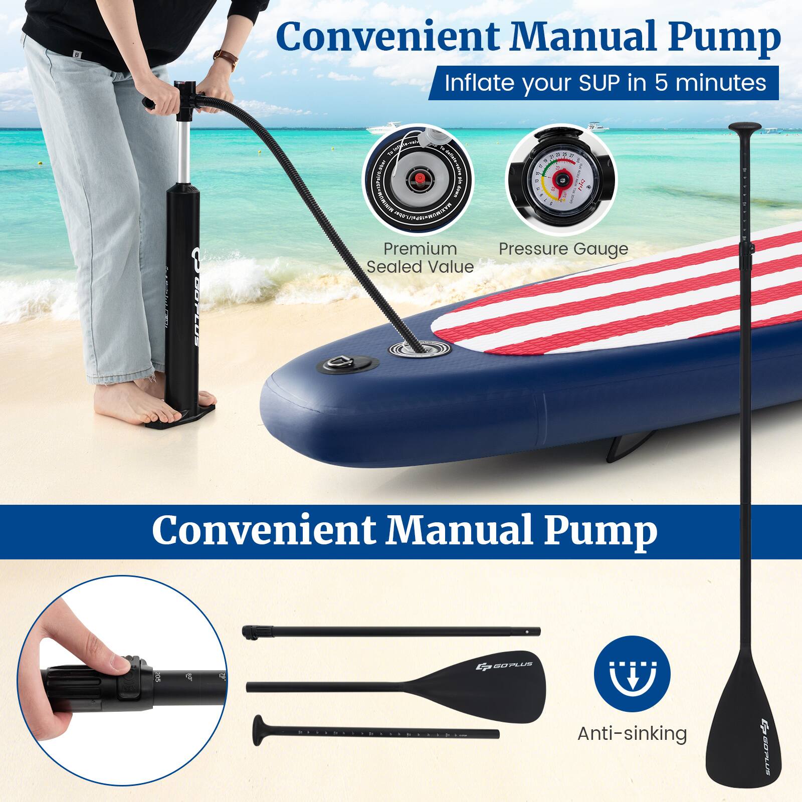 Convenient Manual Pump: Inflate your SUP in 5 minutes. Premium Pressure Gauge. Sealed Value. Anti-sinking.