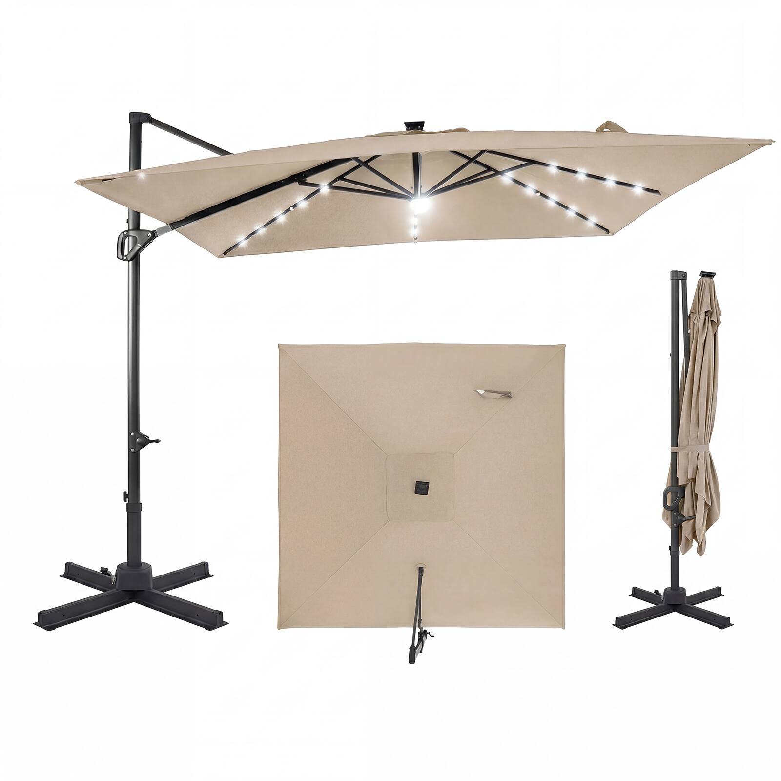 Front. Gymax - Gymax 10 FT Cantilever Patio Umbrella w/32 Solar LED Lights 360-Degree Rotation Easy Tilt - Beige.