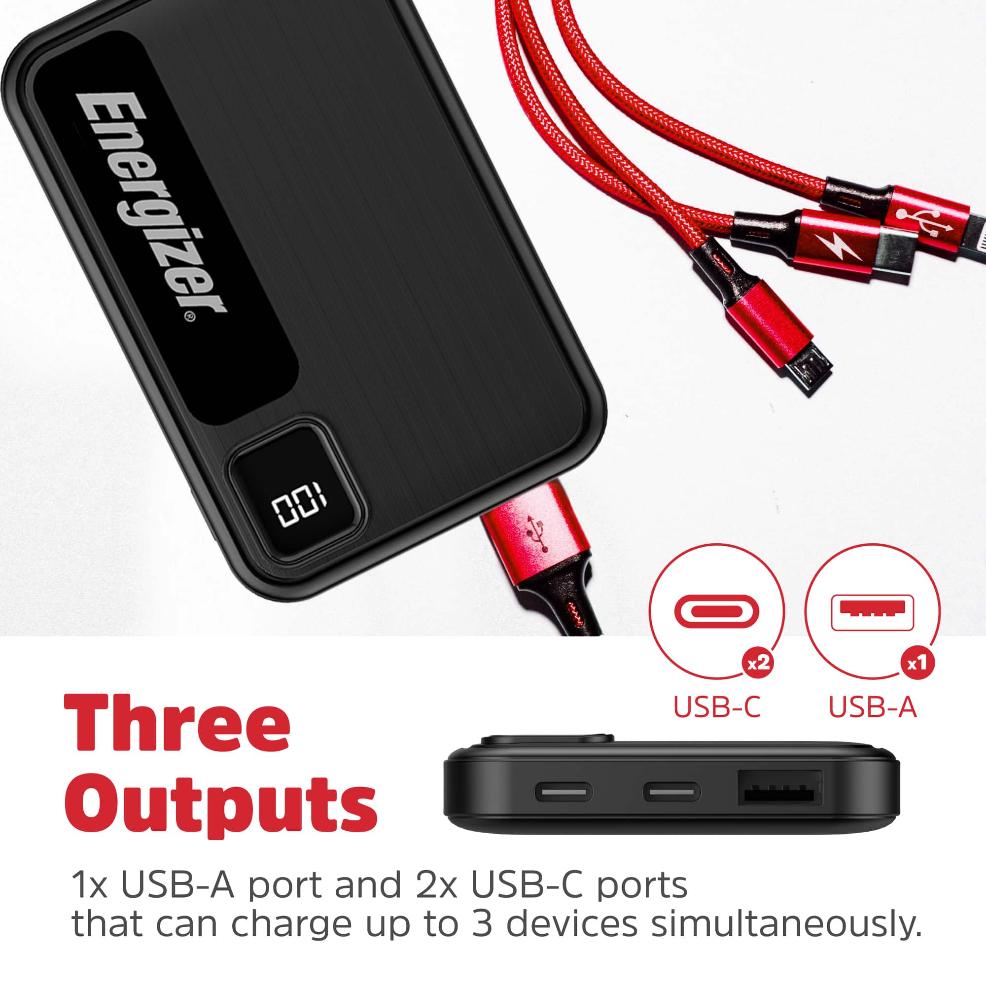 Energizer Three Outputs: 1x USB-A port and 2x USB-C ports that can charge up to 3 devices simultaneously.