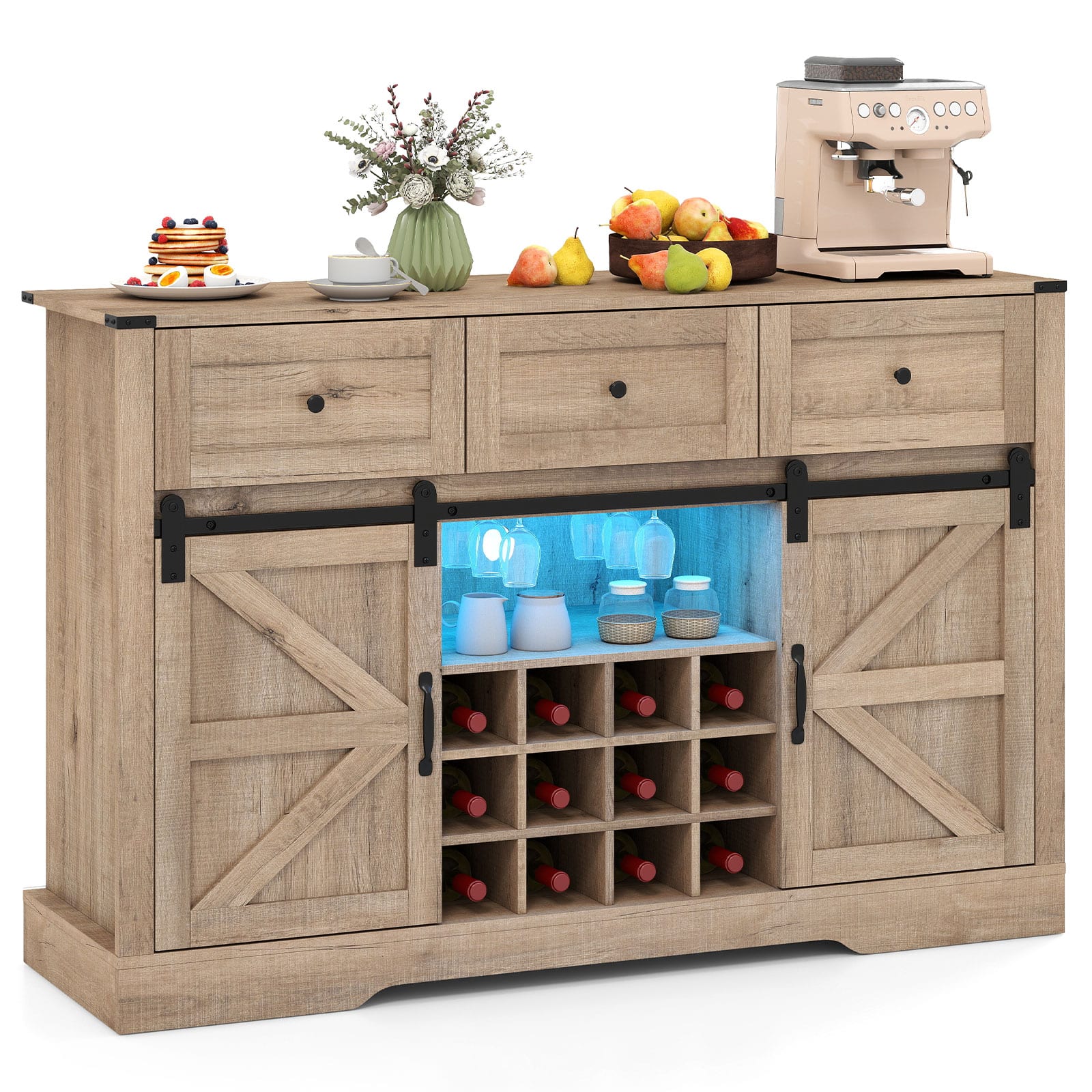 Gymax - Wine Bar Cabinet w/LED Lights & Doors Coffee Station w/ Adjustable Shelves Racks - Gray