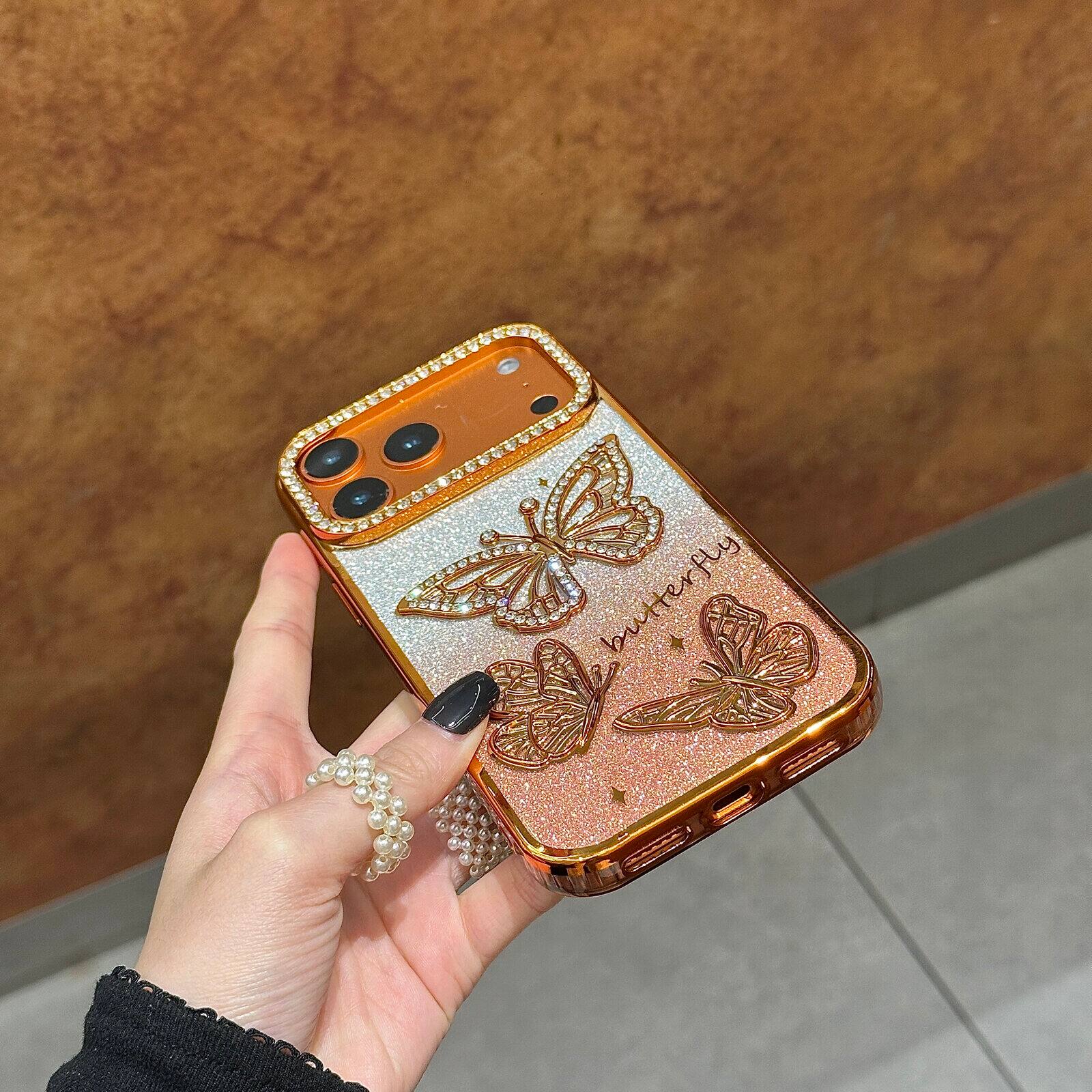 Alt View 1. UUCOVER - For Apple iPhone 17 Pro Slim Case, 3D Bling Rhinestone Butterfly Glitter Paper Electroplated TPU Bumper Clear Back Cover - Purple.