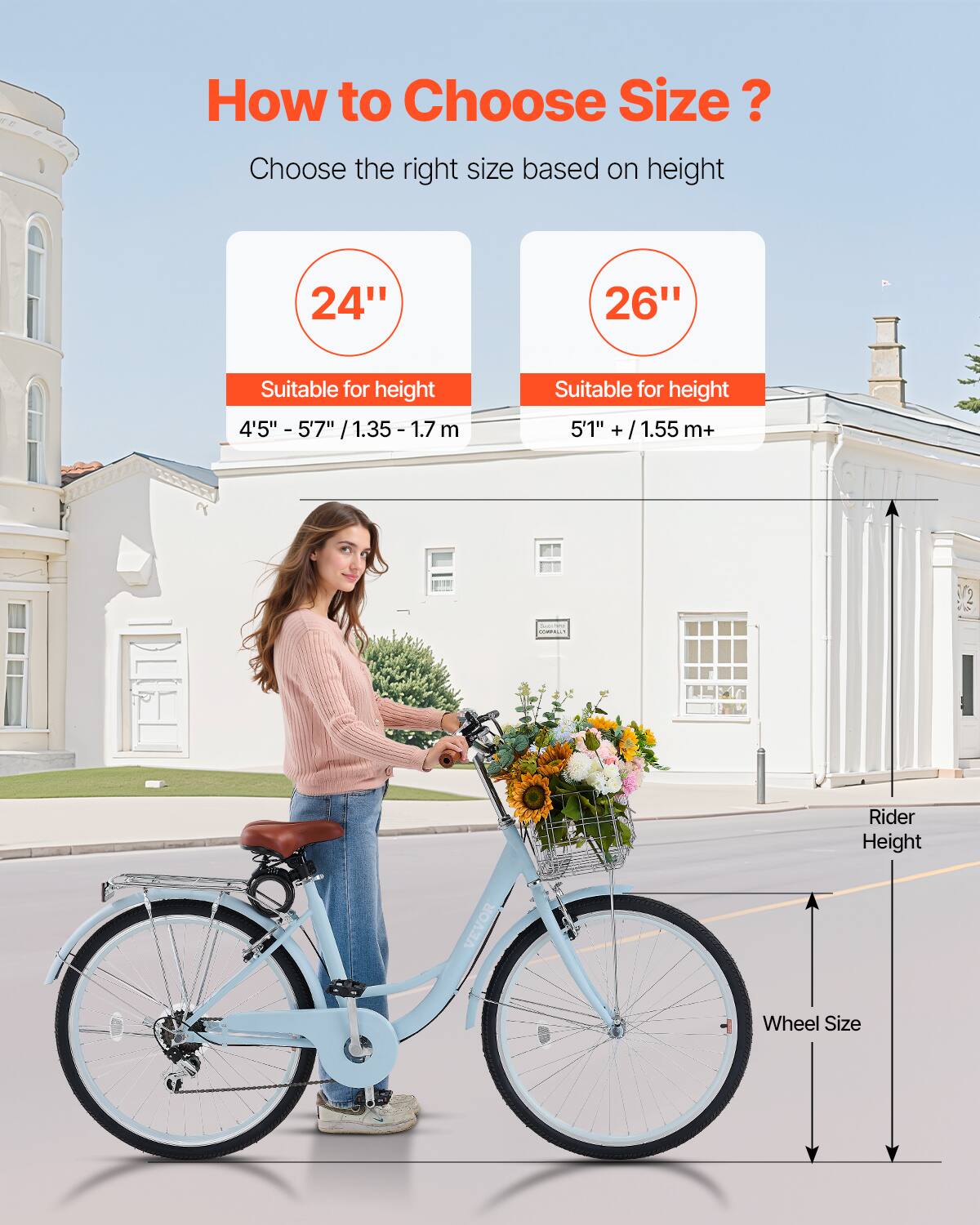 How to Choose Size? Choose the right size based on height

24" Suitable for height 4'5" - 5'7" /1.35 -1.7 m

26" Suitable for height 5'1" + /1.55 m+

Rider Height

Wheel Size