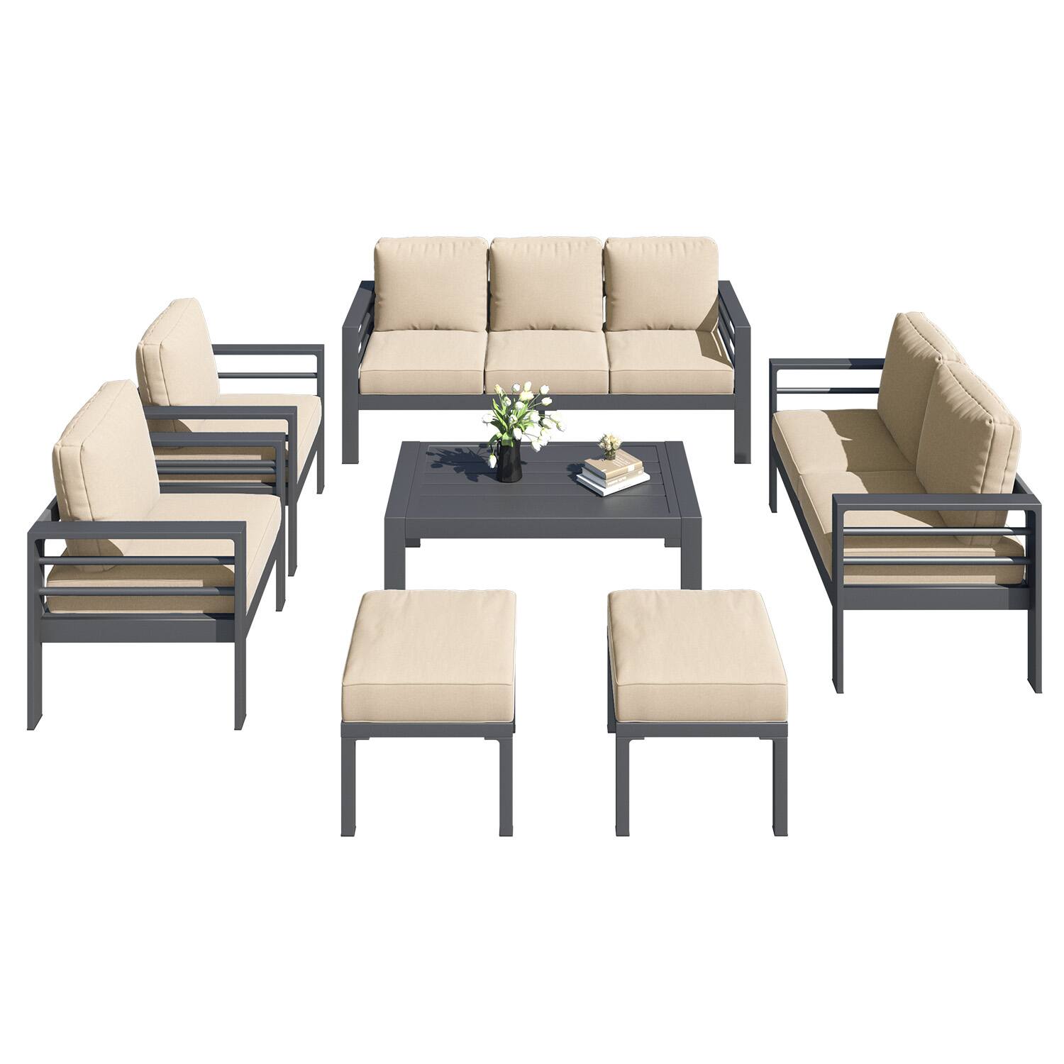 Alt View 1. Mondawe - 7-Piece Patio Seating Set with Black Frame and Removable Cushions - Black+Beige.