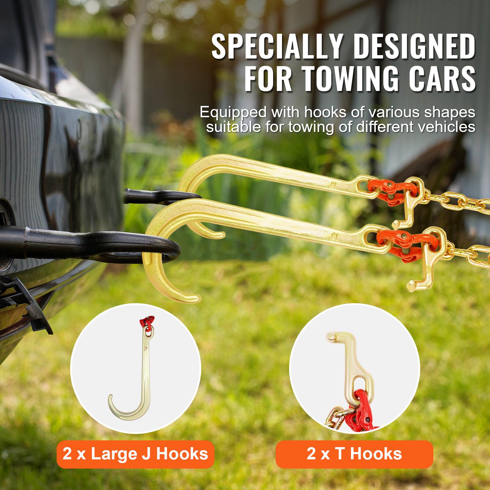 SPECIALLY DESIGNED FOR TOWING CARS  
Equipped with hooks of various shapes suitable for towing of different vehicles  
2 x Large J Hooks  
2 x T Hooks