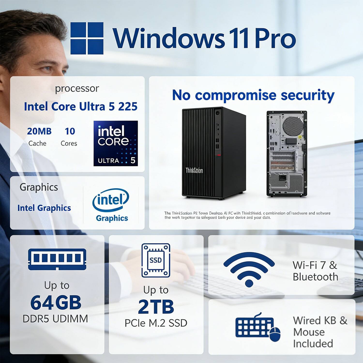 Windows 11 Pro  
Processor: Intel Core Ultra 5 225  
20MB Cache, 10 Cores  
Graphics: Intel Graphics  
Up to 64GB DDR5 UDIMM  
Up to 2TB PCIe M.2 SSD  
Wi-Fi 7 & Bluetooth  
Wired KB & Mouse Included  

No compromise security  
The ThinkStation P2 Tower Dealio AI PC with ThinkShield, a combination of hardware and software to safeguard both your device and your data.
