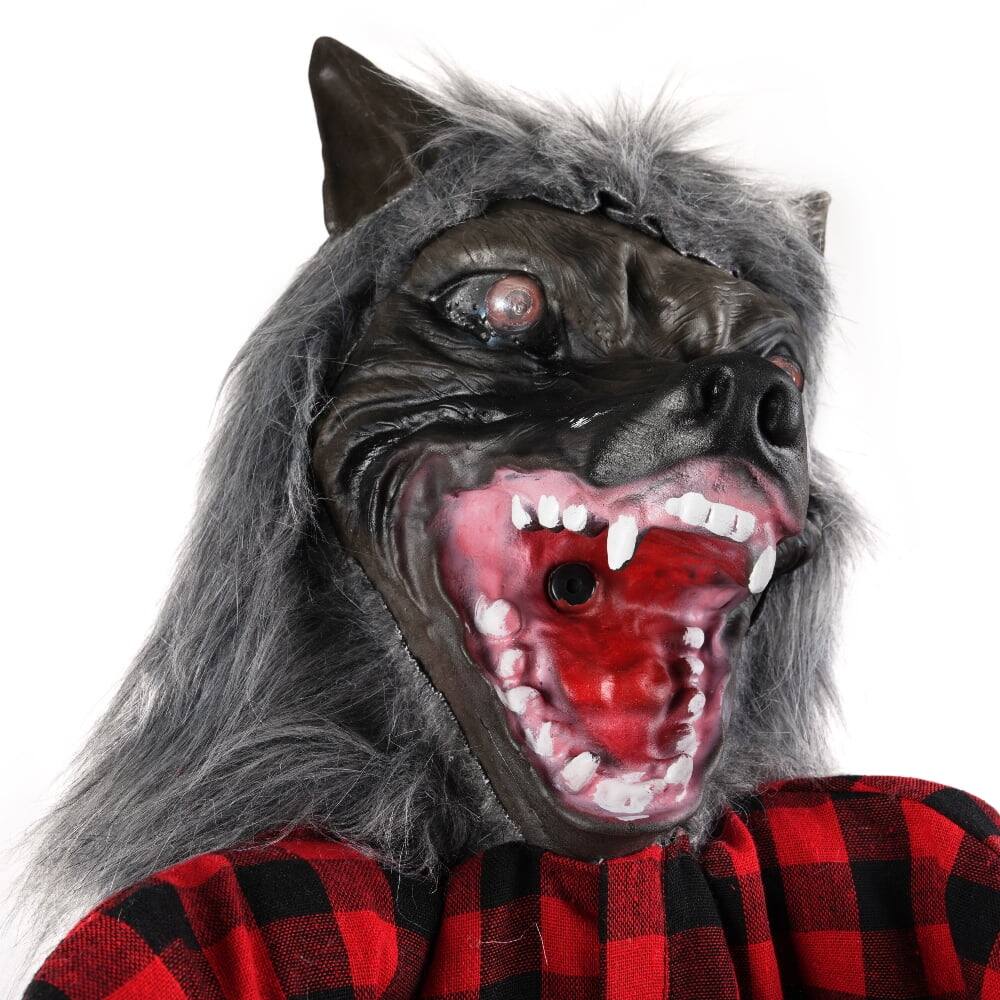 Left. MOVSSOU - 6Ft Standing Werewolf Large Scary Halloween Decorations with LED Eyes & Sound(Battery Not Included) - grey, red, green.