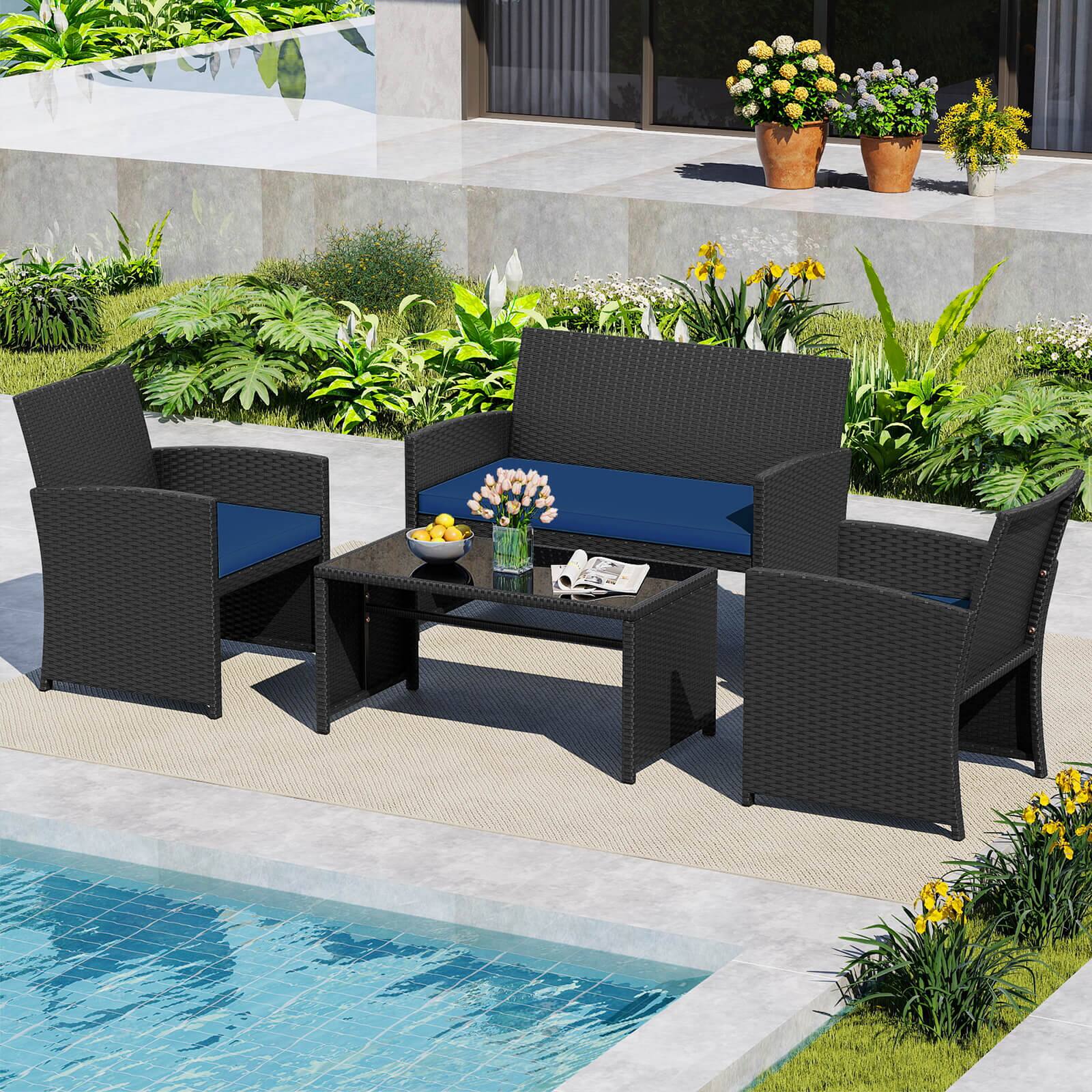 Alt View 1. Costway - Costway 4 PCS Patio Conversation Set with Seat Cushions & Tempered Glass Tabletop, Porch - Navy+Black.