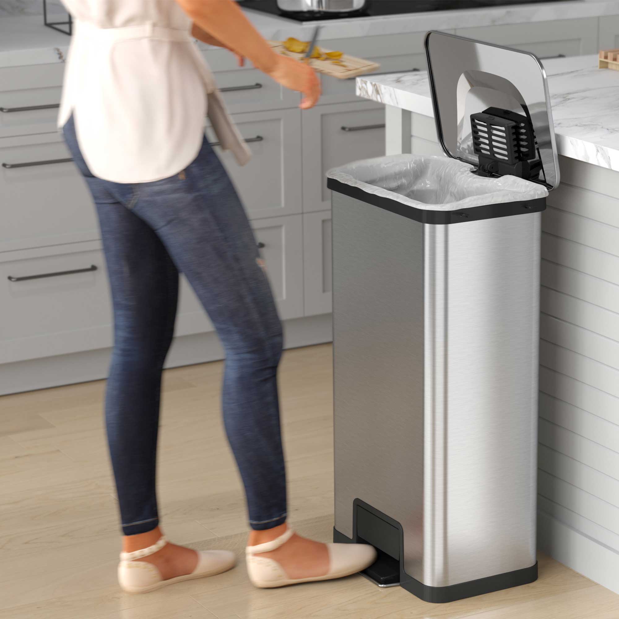 Angle. iTouchless - 18 Gallon AirStep Step Pedal Kitchen Trash Can with AbsorbX Odor Filter - Silver.