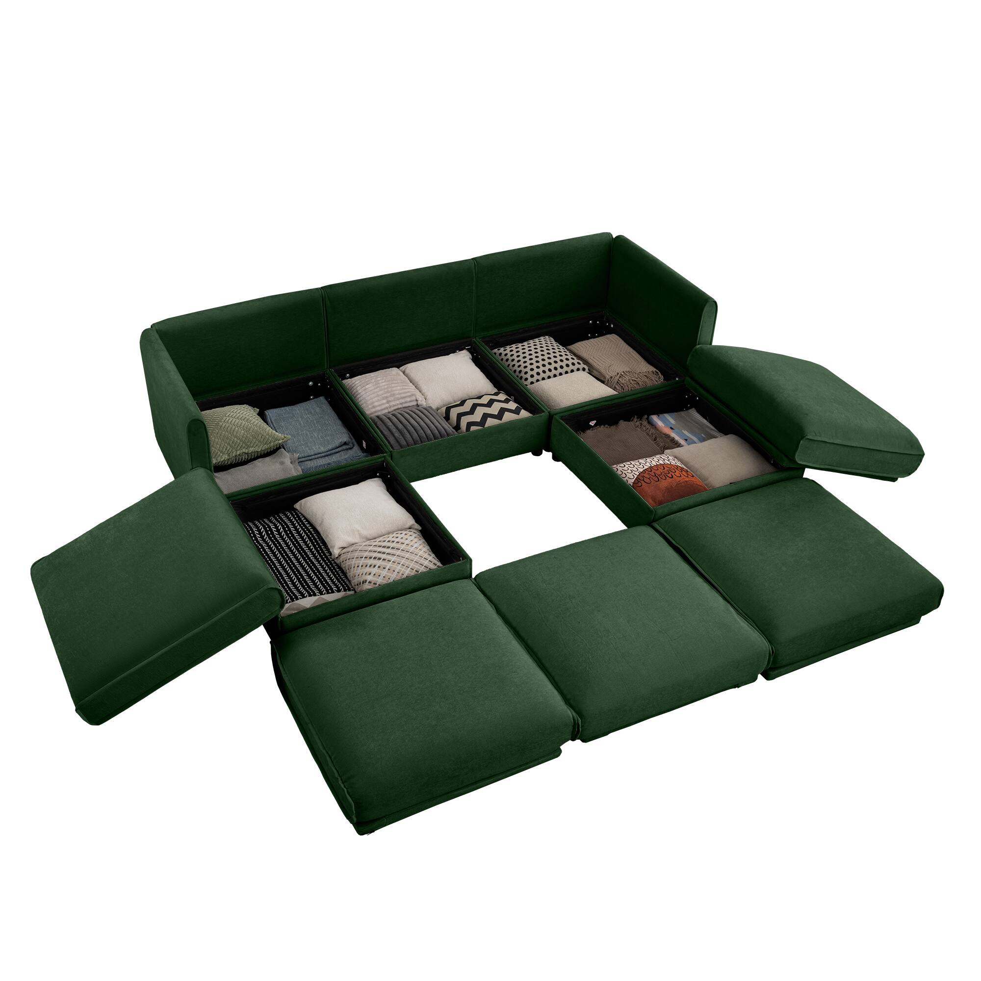 Left. Anysun - Chenille U-Shape 3-Seater Sofa with Ottoman & Hidden Storage - Cylindrical Backrest & Armrests, Contemporary - Green.