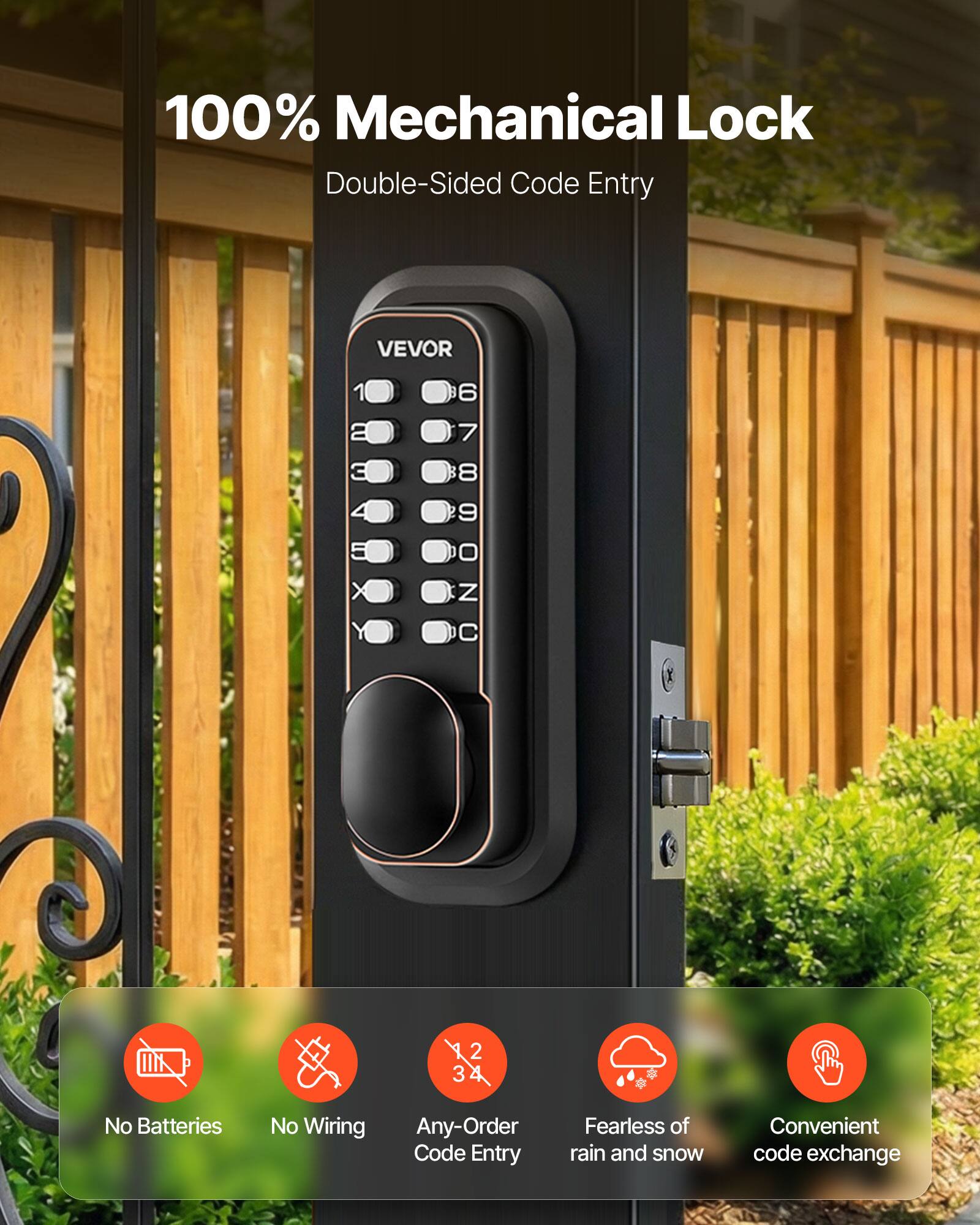 100% Mechanical Lock Double-Sided Code Entry

VEVOR

1 2 3
4 5 6
7 8 9
X 0 Z
Y C

No Batteries No Wiring Any-Order Code Entry Fearless of rain and snow Convenient code exchange