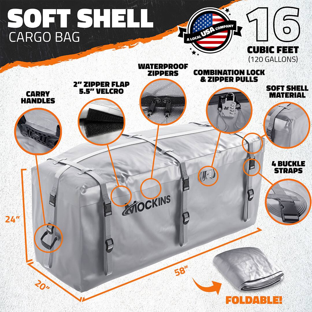 SOFT SHELL CARGO BAG

16 CUBIC FEET (120 GALLONS)

A LOCAL USA COMPANY

- WATERPROOF ZIPPERS
- COMBINATION LOCK & ZIPPER PULLS
- 2" ZIPPER FLAP
- 5.5" VELCRO
- SOFT SHELL MATERIAL
- 4 BUCKLE STRAPS
- CARRY HANDLES
- FOLDABLE!

24" x 20" x 58"