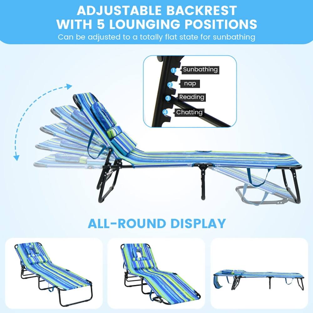 ADJUSTABLE BACKREST WITH 5 LOUNGING POSITIONS  
Can be adjusted to a totally flat state for sunbathing  
1. Sunbathing  
2. Nap  
3. Reading  
4. Chatting  

ALL-ROUND DISPLAY