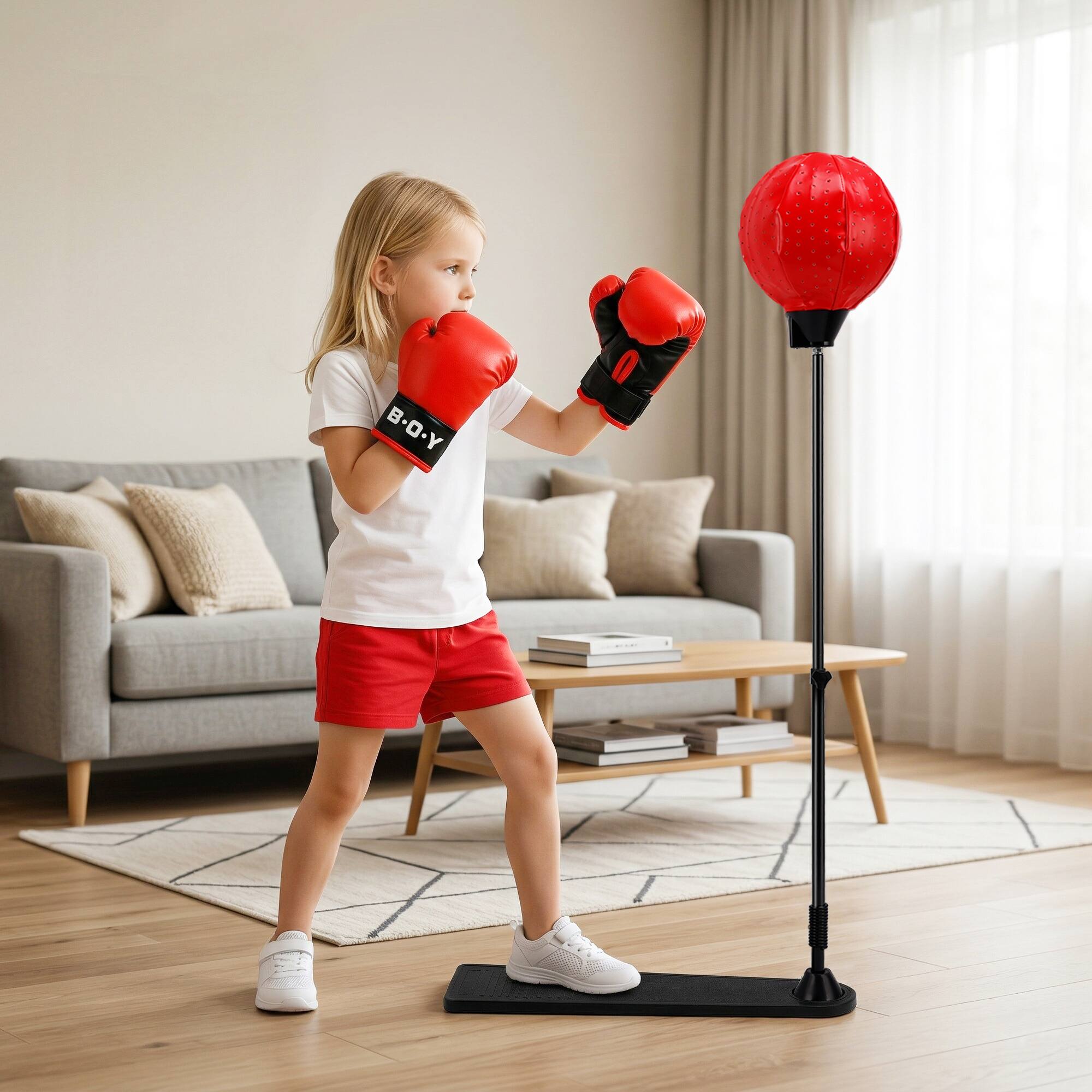 Alt View 9. Topteng - Kids Boxing Set with LED Light Bag - Adjustable Height (32”-48”), Spring Base, Includes Gloves - Black&Red.