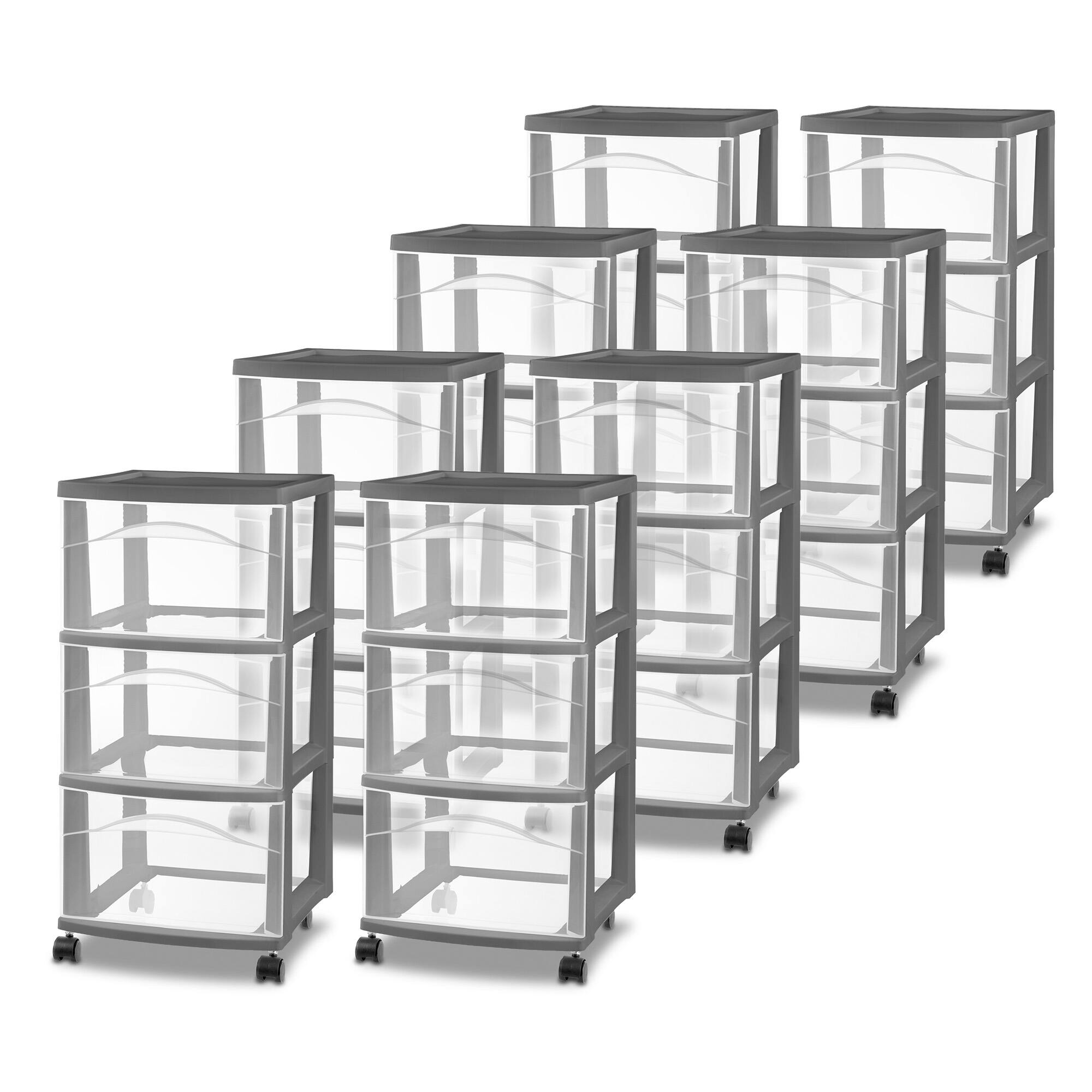 Front. Sterilite - Sterilite 3 Drawer Storage Cart, Plastic Rolling Organization, Flat Gray, 8 Pack - Flat Gray.